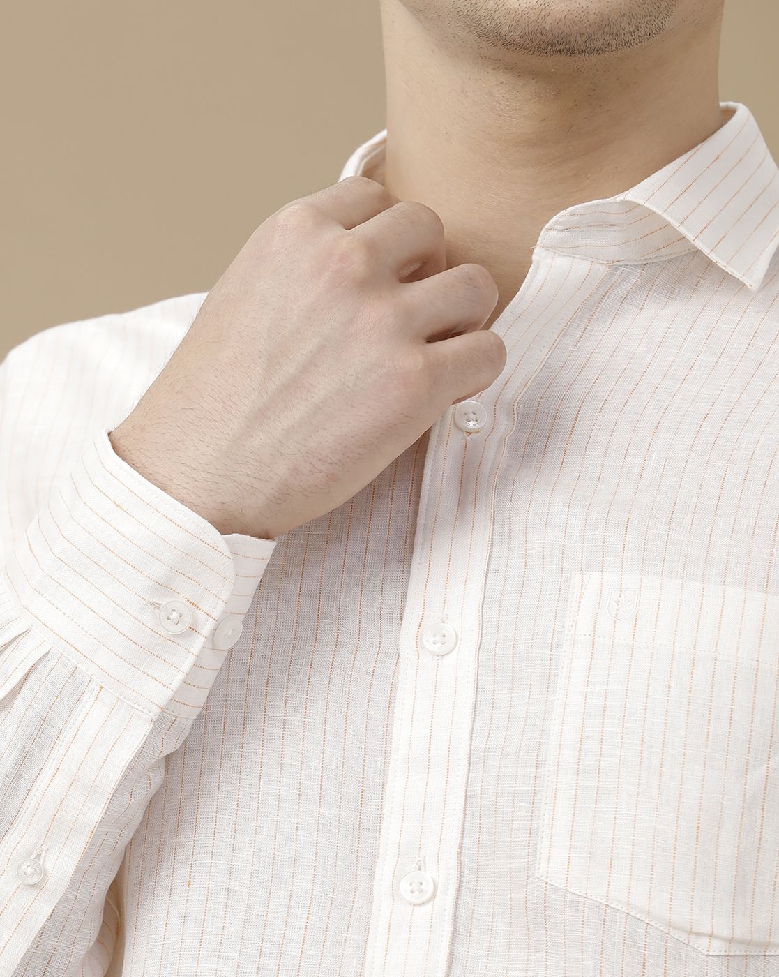 Men's Pure Linen White Striped Contemporary Fit Full Sleeve Casual Shirt