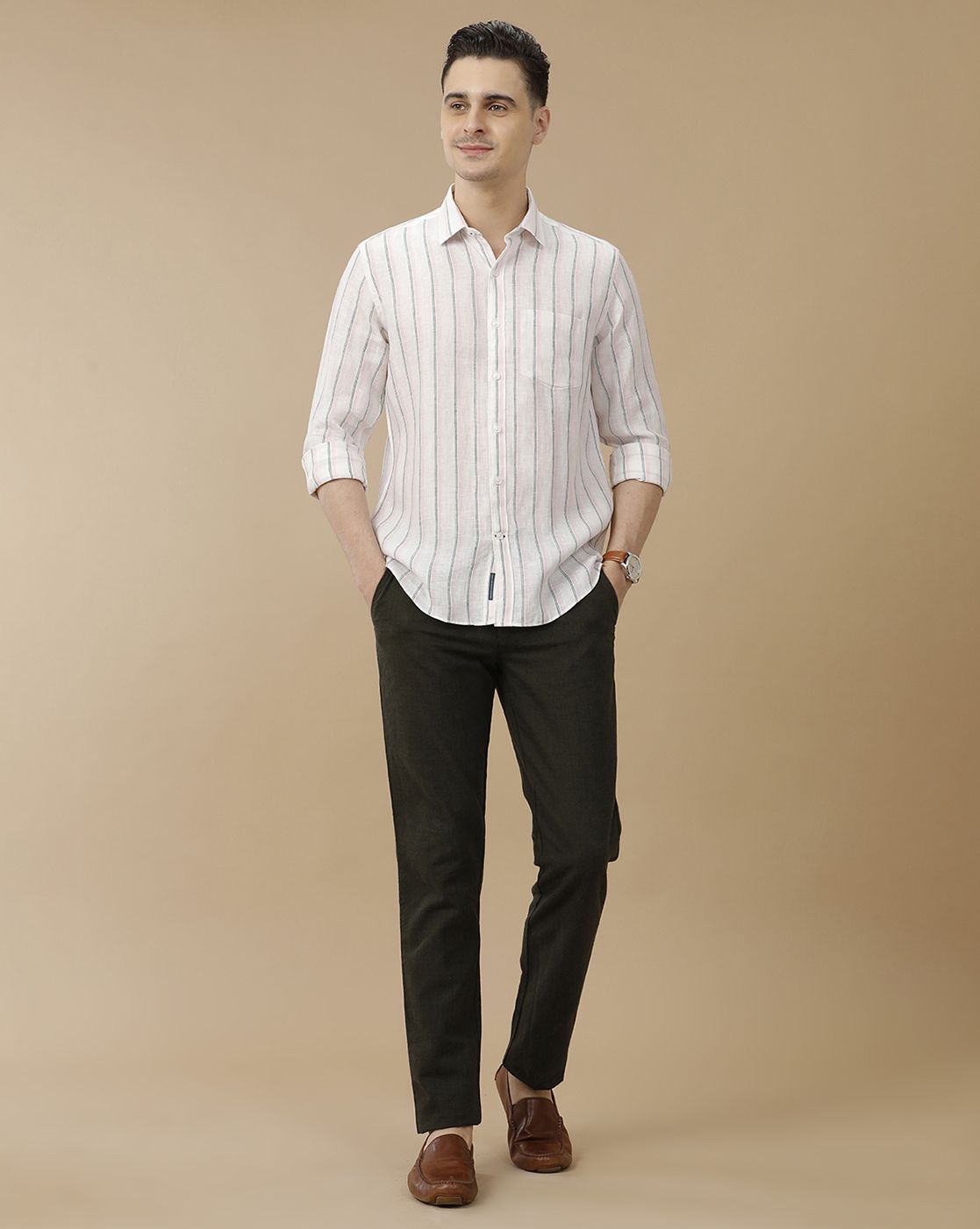 Men's Pure Linen Pink Striped Contemporary Fit Full Sleeve Casual Shirt