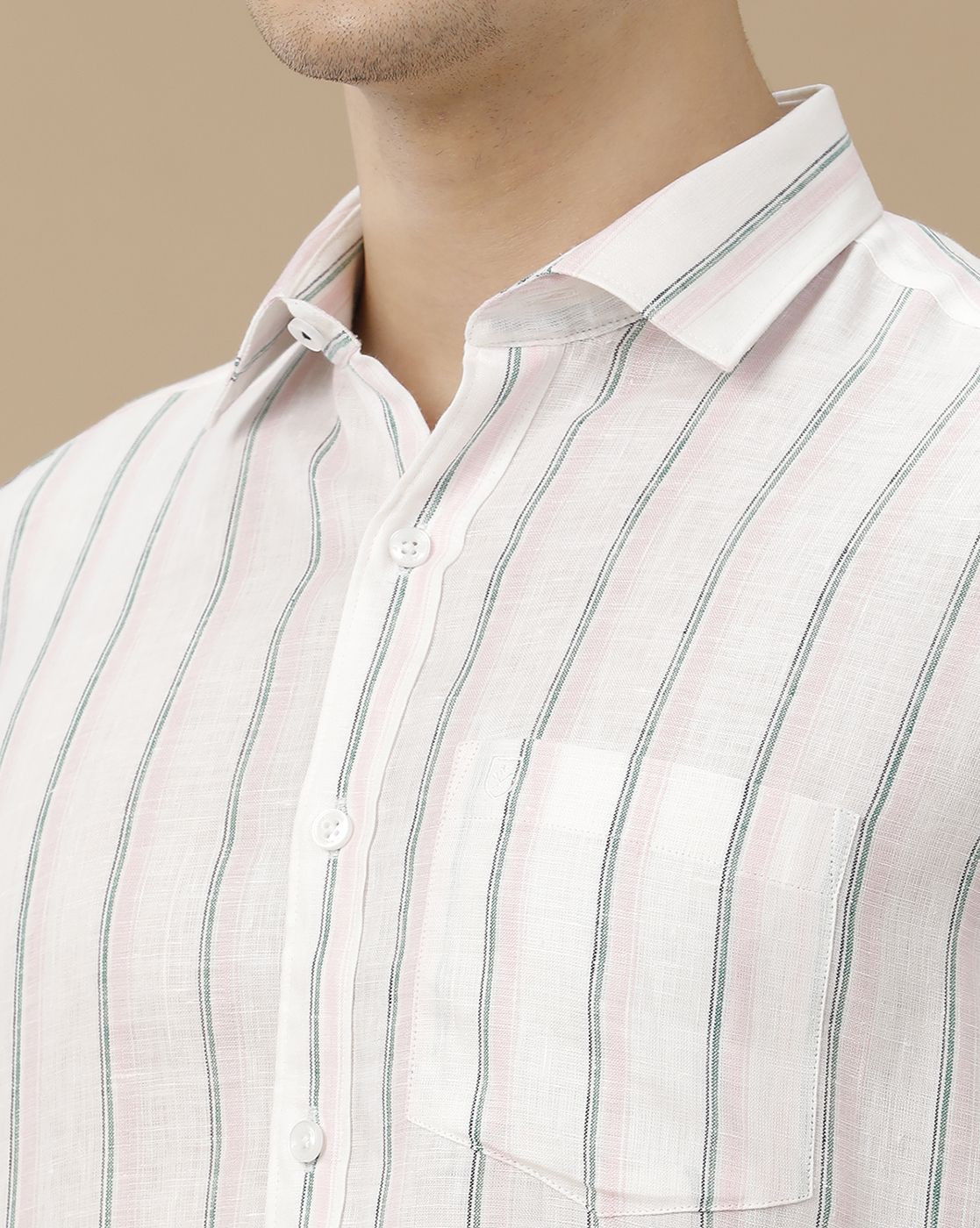 Men's Pure Linen Pink Striped Contemporary Fit Full Sleeve Casual Shirt