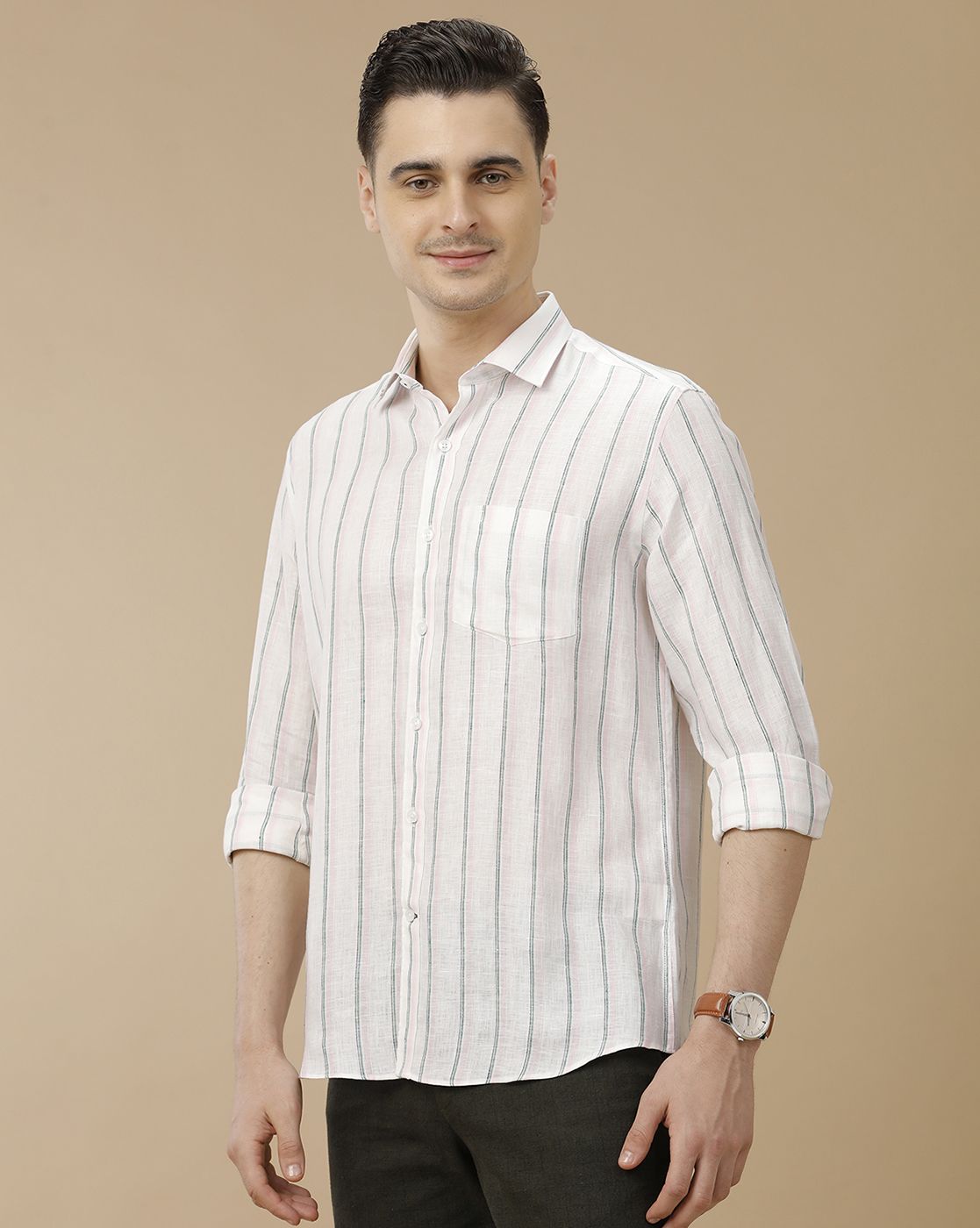 Men's Pure Linen Pink Striped Contemporary Fit Full Sleeve Casual Shirt