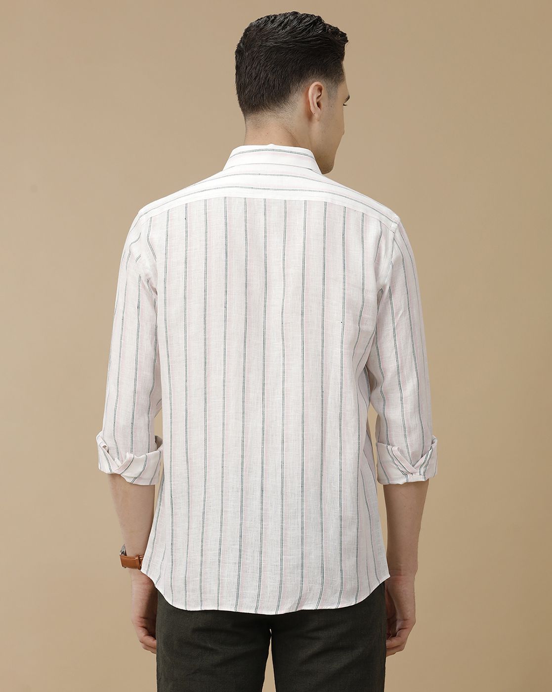 Men's Pure Linen Pink Striped Contemporary Fit Full Sleeve Casual Shirt