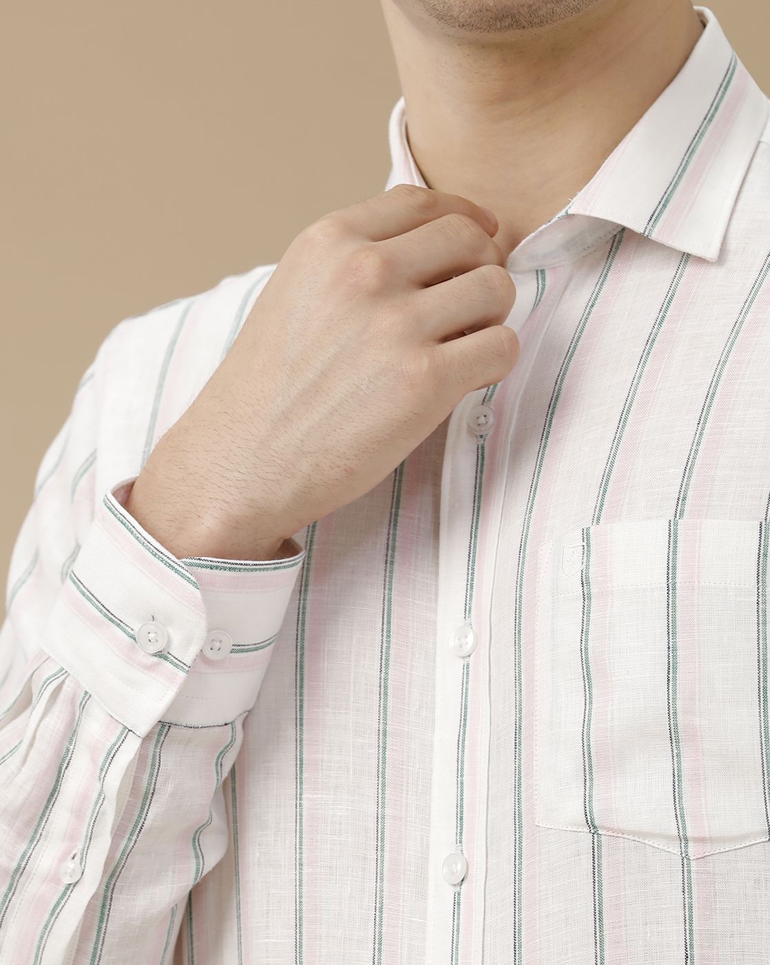 Men's Pure Linen Pink Striped Contemporary Fit Full Sleeve Casual Shirt