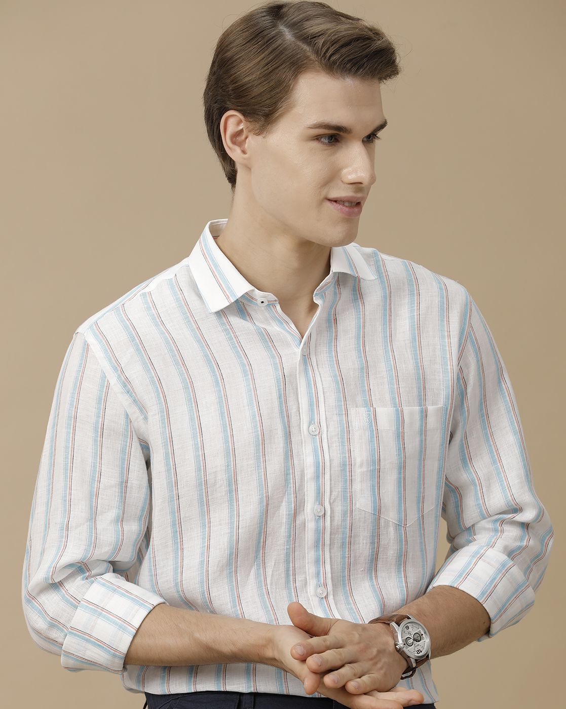 Men's Pure Linen Blue Striped Contemporary Fit Full Sleeve Casual Shirt