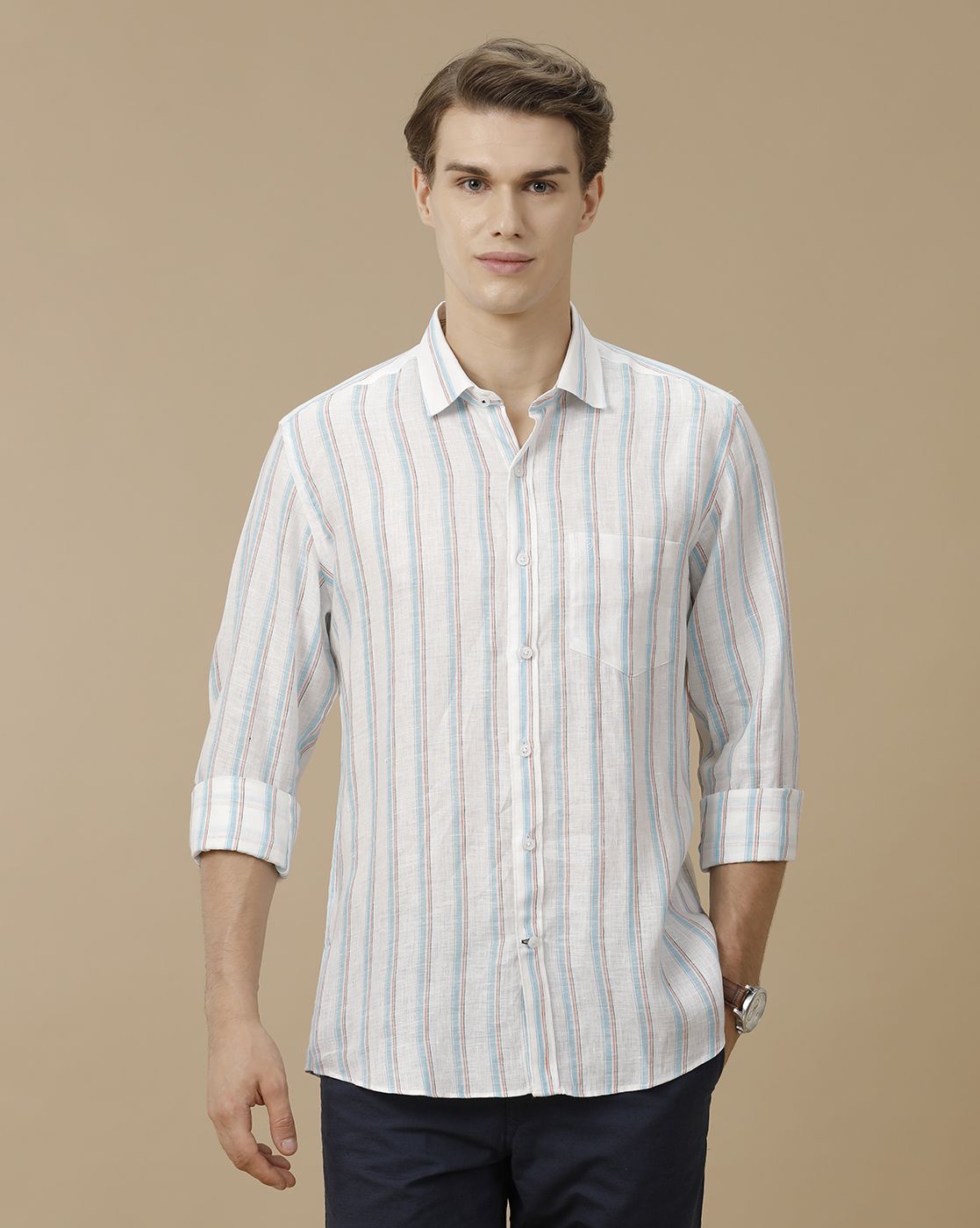 Men's Pure Linen Blue Striped Contemporary Fit Full Sleeve Casual Shirt