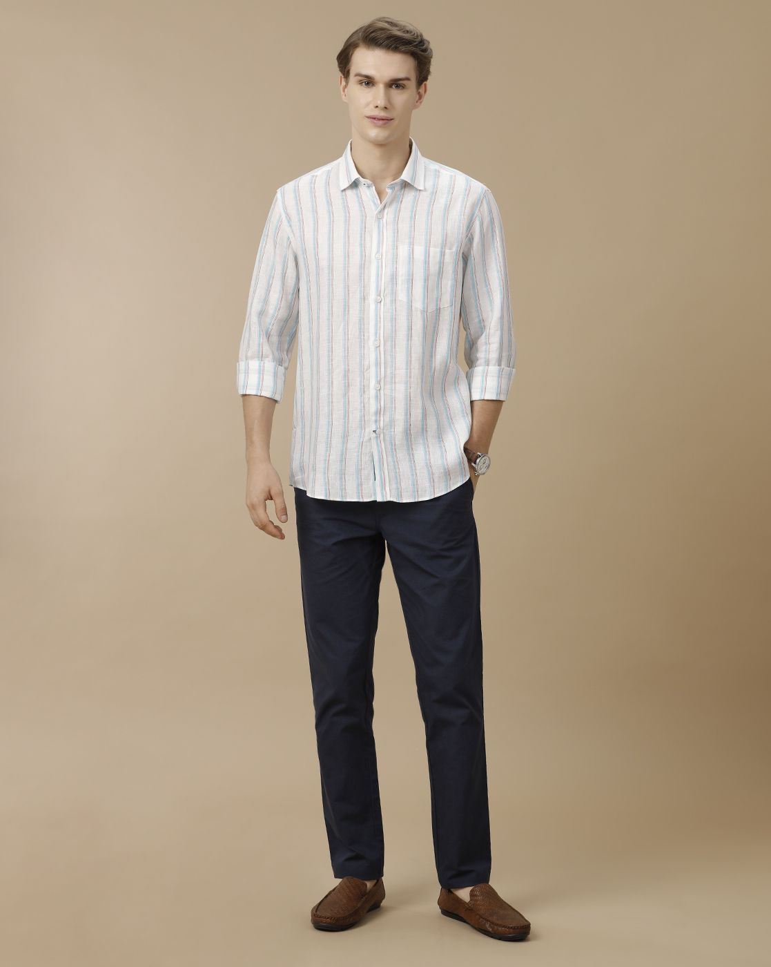 Men's Pure Linen Blue Striped Contemporary Fit Full Sleeve Casual Shirt