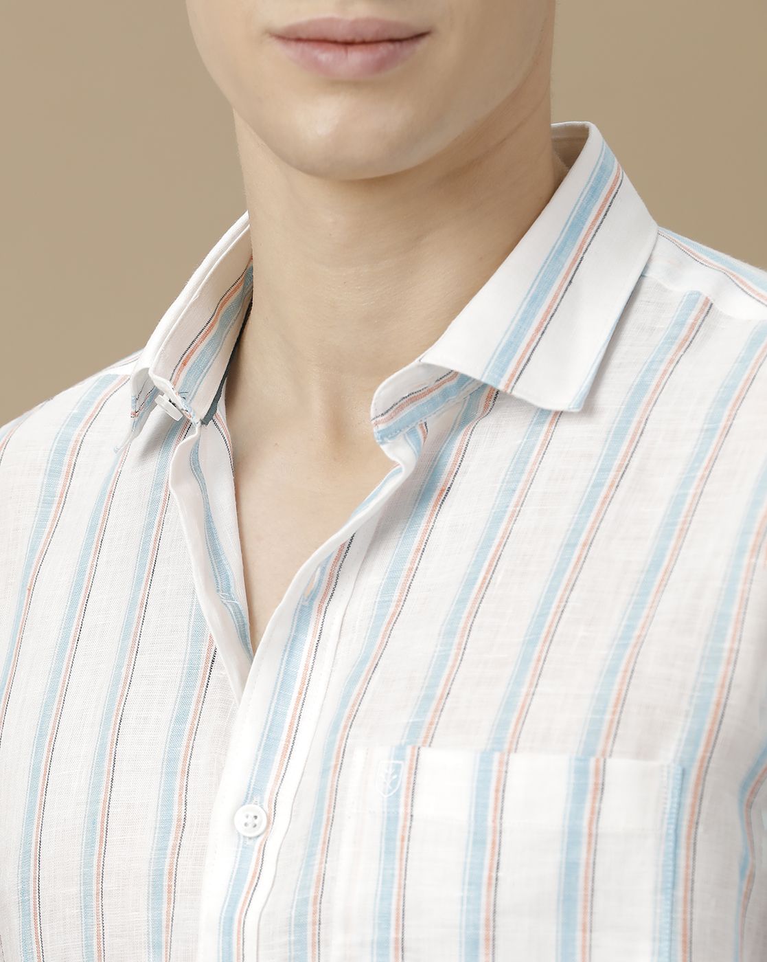Men's Pure Linen Blue Striped Contemporary Fit Full Sleeve Casual Shirt