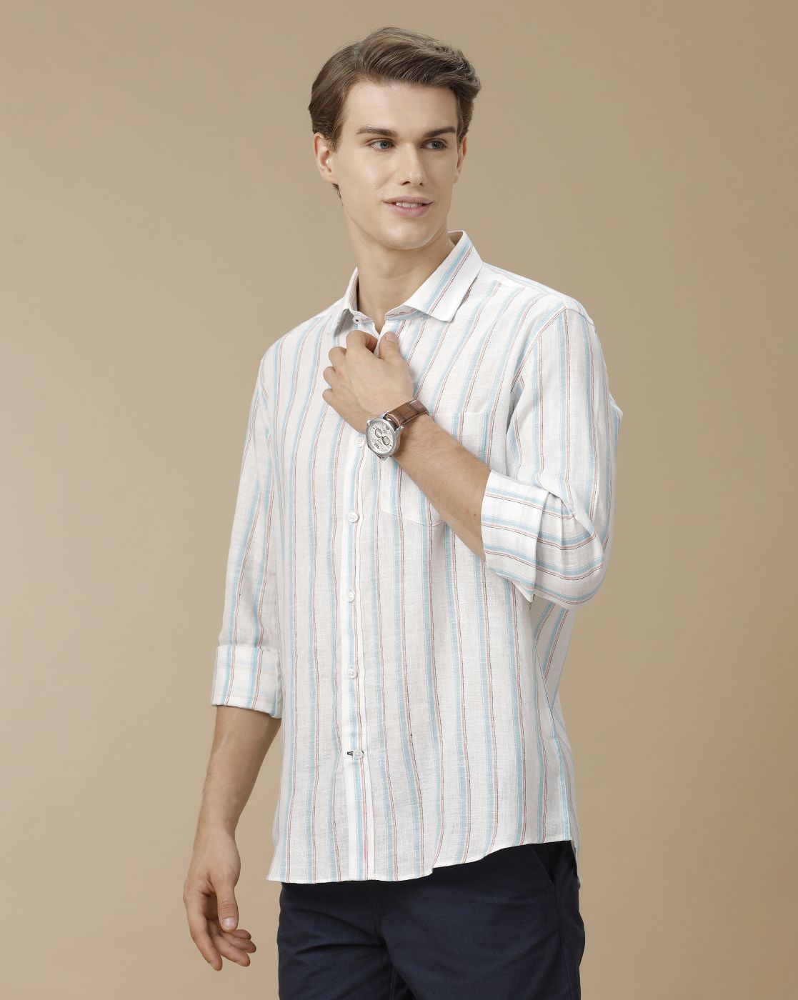 Men's Pure Linen Blue Striped Contemporary Fit Full Sleeve Casual Shirt