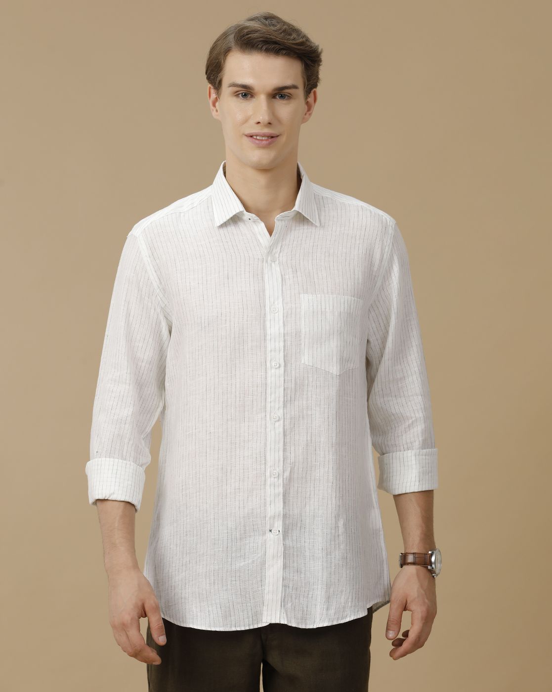 Men's Pure Linen White Striped Contemporary Fit Full Sleeve Casual Shirt