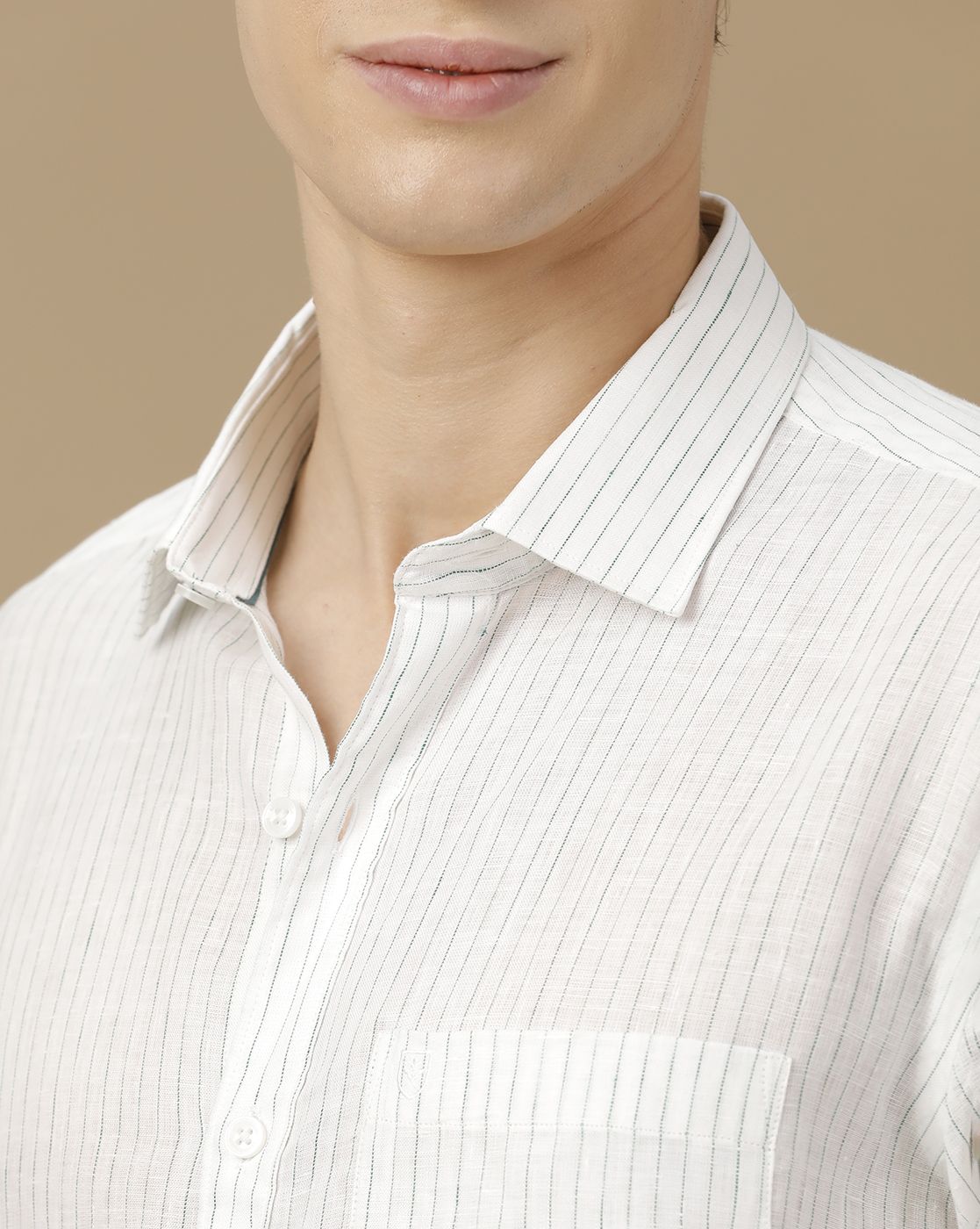 Men's Pure Linen White Striped Contemporary Fit Full Sleeve Casual Shirt