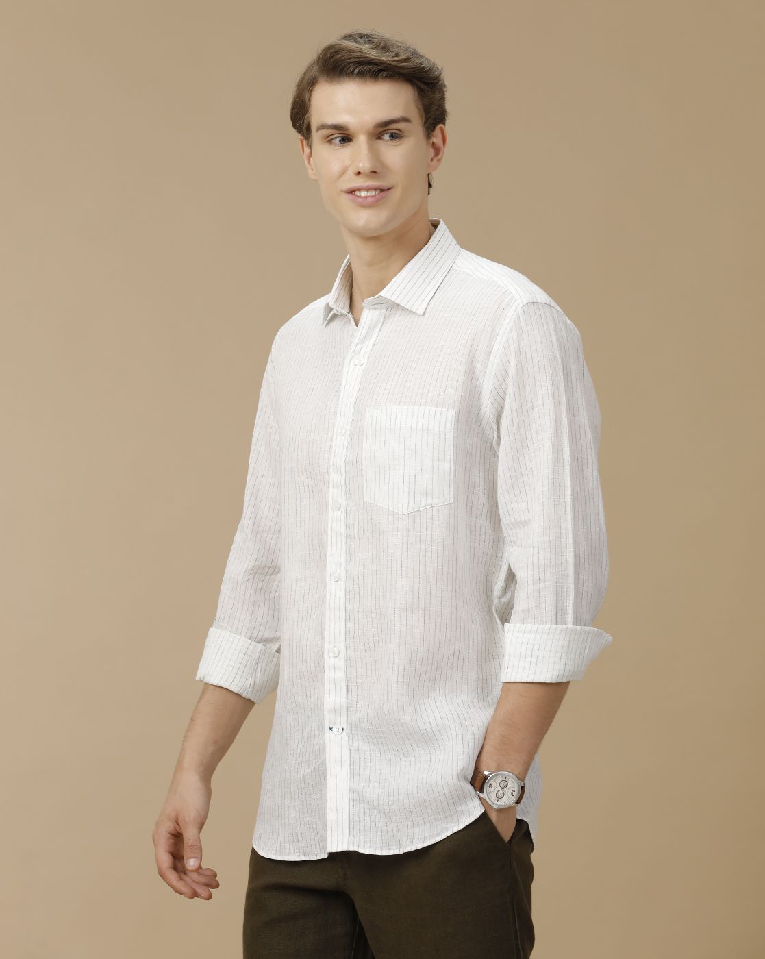 Men's Pure Linen White Striped Contemporary Fit Full Sleeve Casual Shirt