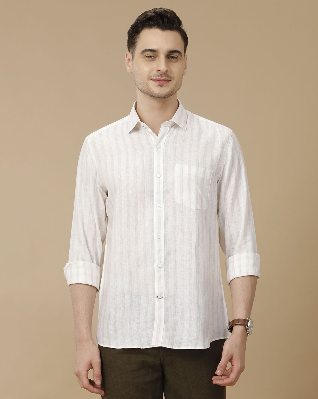 Men's Pure Linen White Striped Contemporary Fit Full Sleeve Casual Shirt