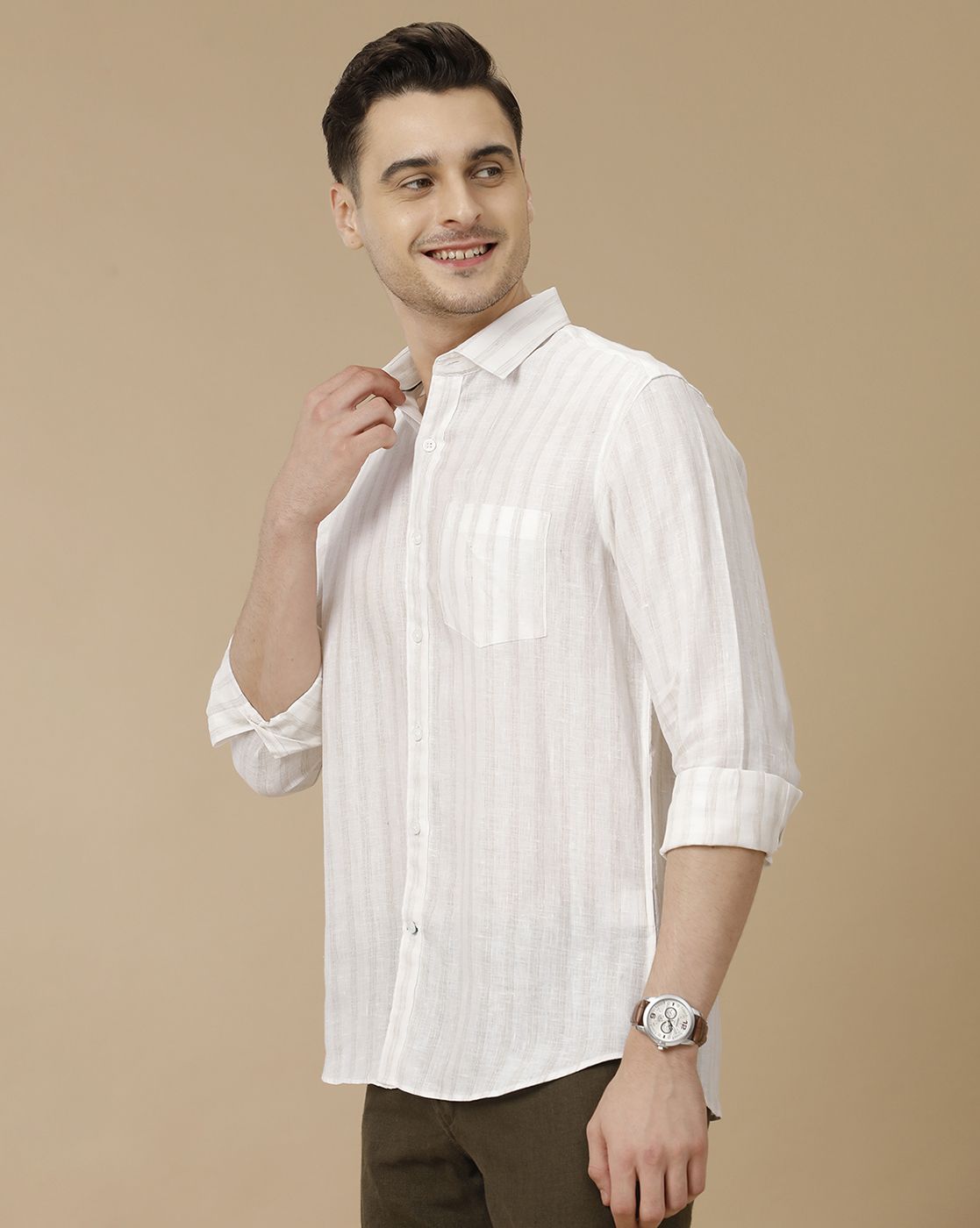 Men's Pure Linen White Striped Contemporary Fit Full Sleeve Casual Shirt