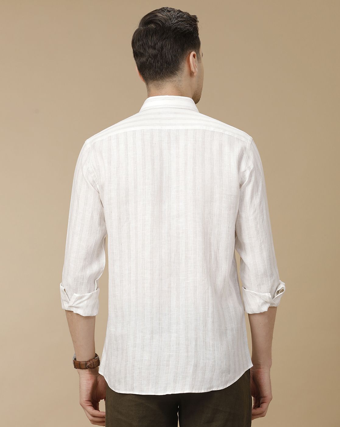 Men's Pure Linen White Striped Contemporary Fit Full Sleeve Casual Shirt