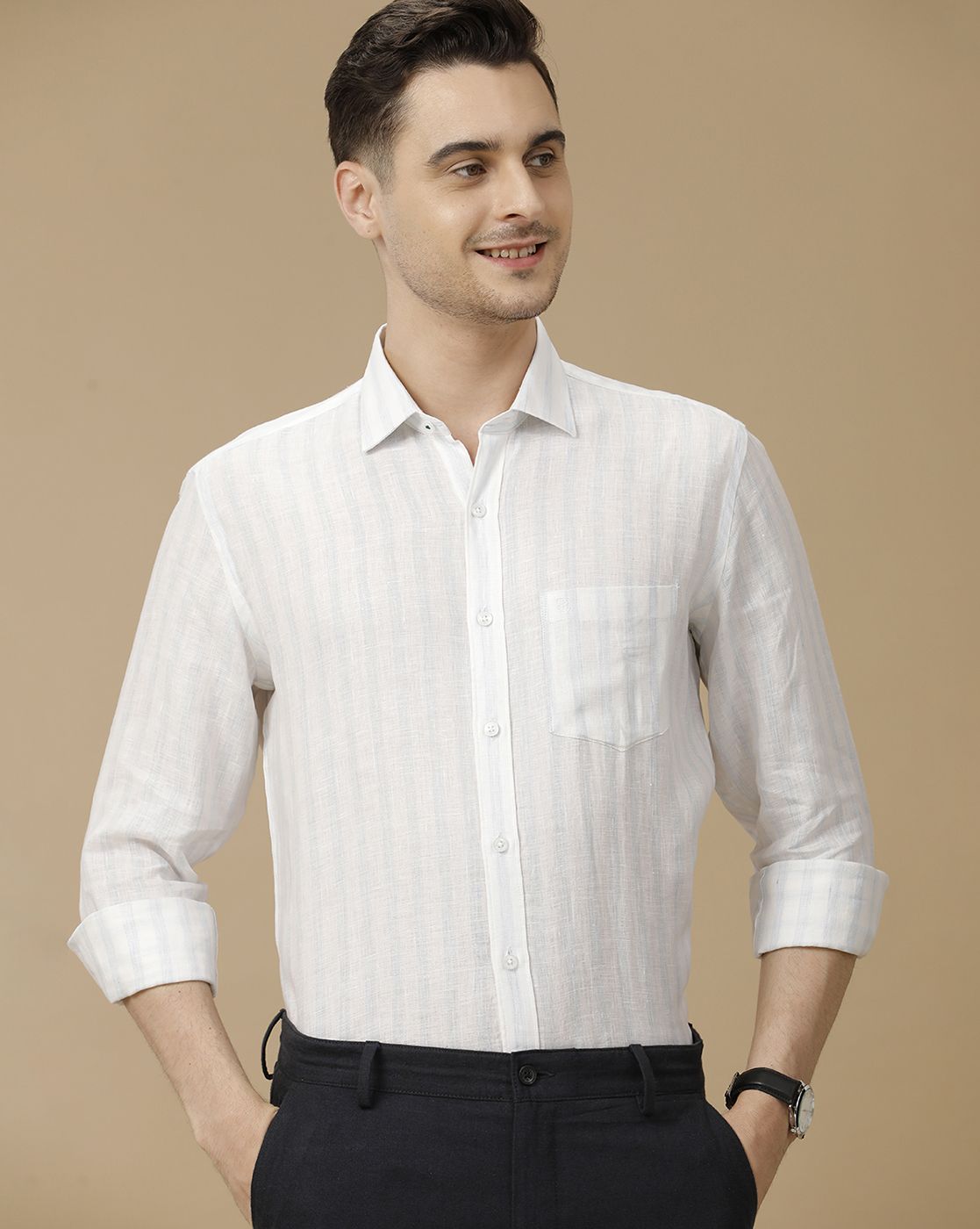 Men's Pure Linen White Striped Contemporary Fit Full Sleeve Casual Shirt
