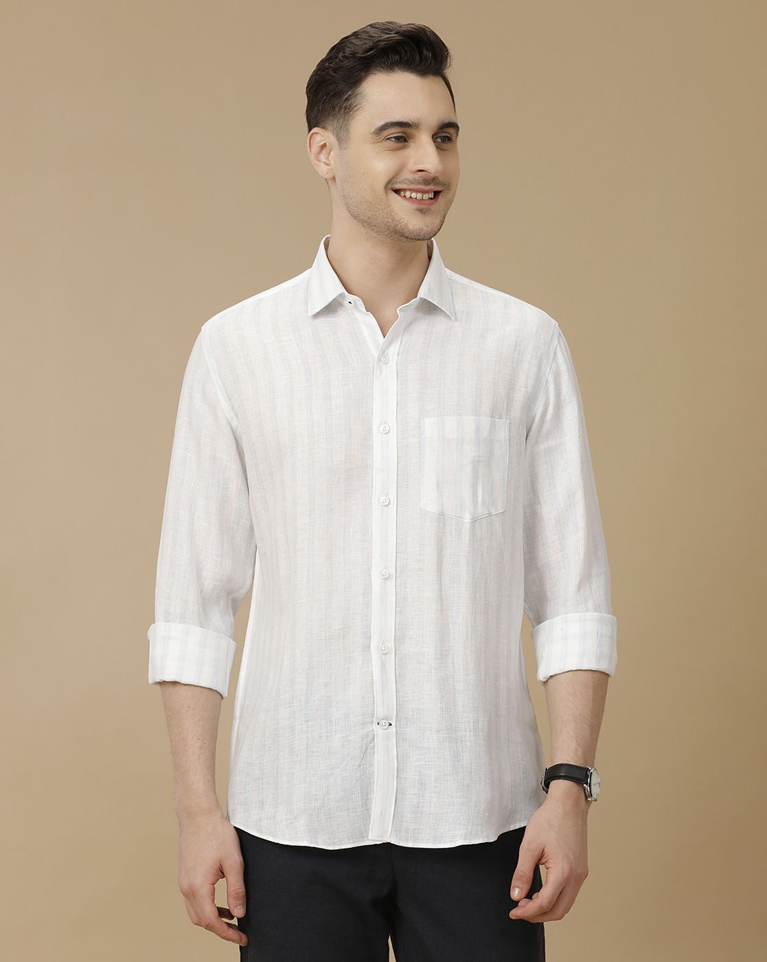 Men's Pure Linen White Striped Contemporary Fit Full Sleeve Casual Shirt
