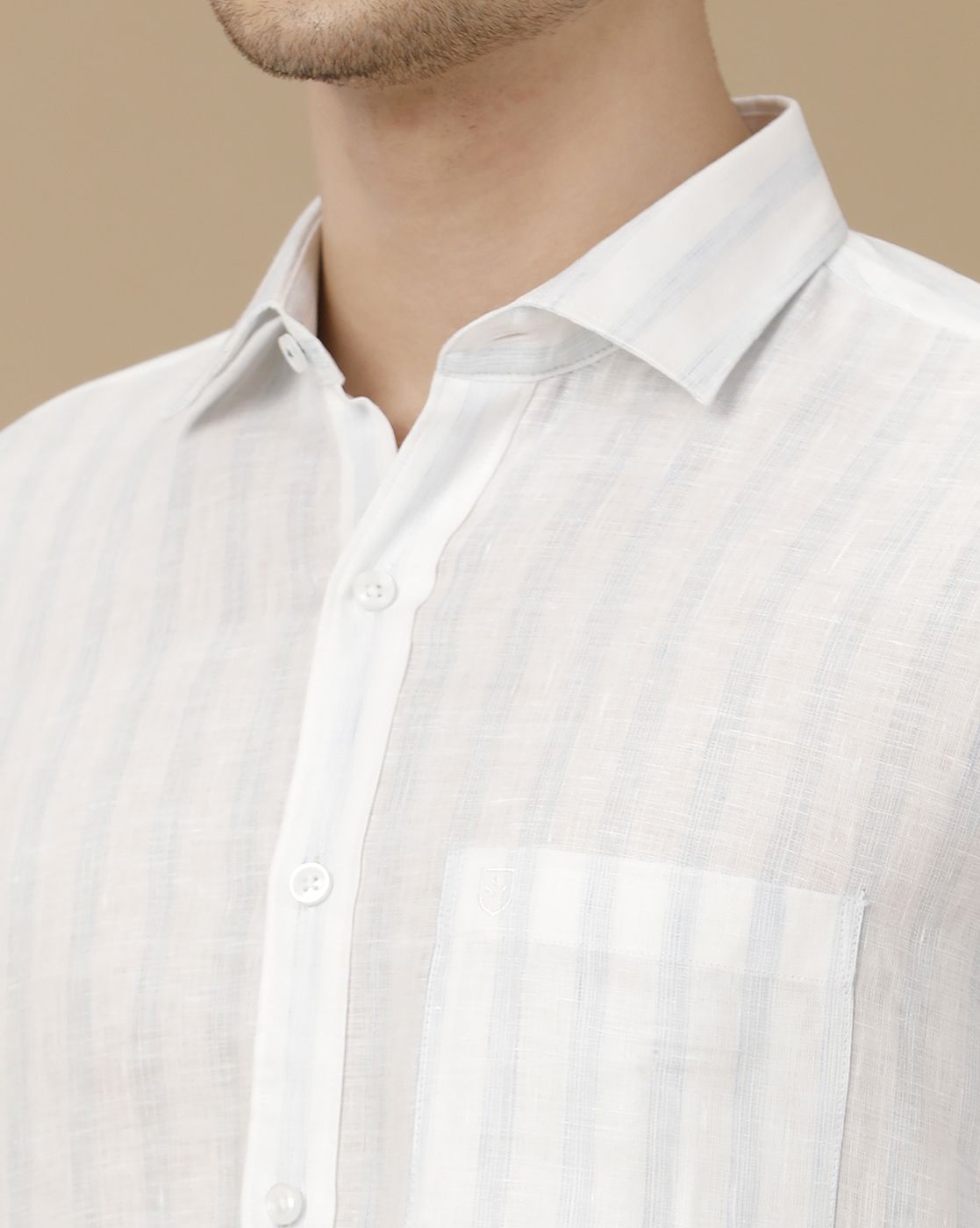 Men's Pure Linen White Striped Contemporary Fit Full Sleeve Casual Shirt