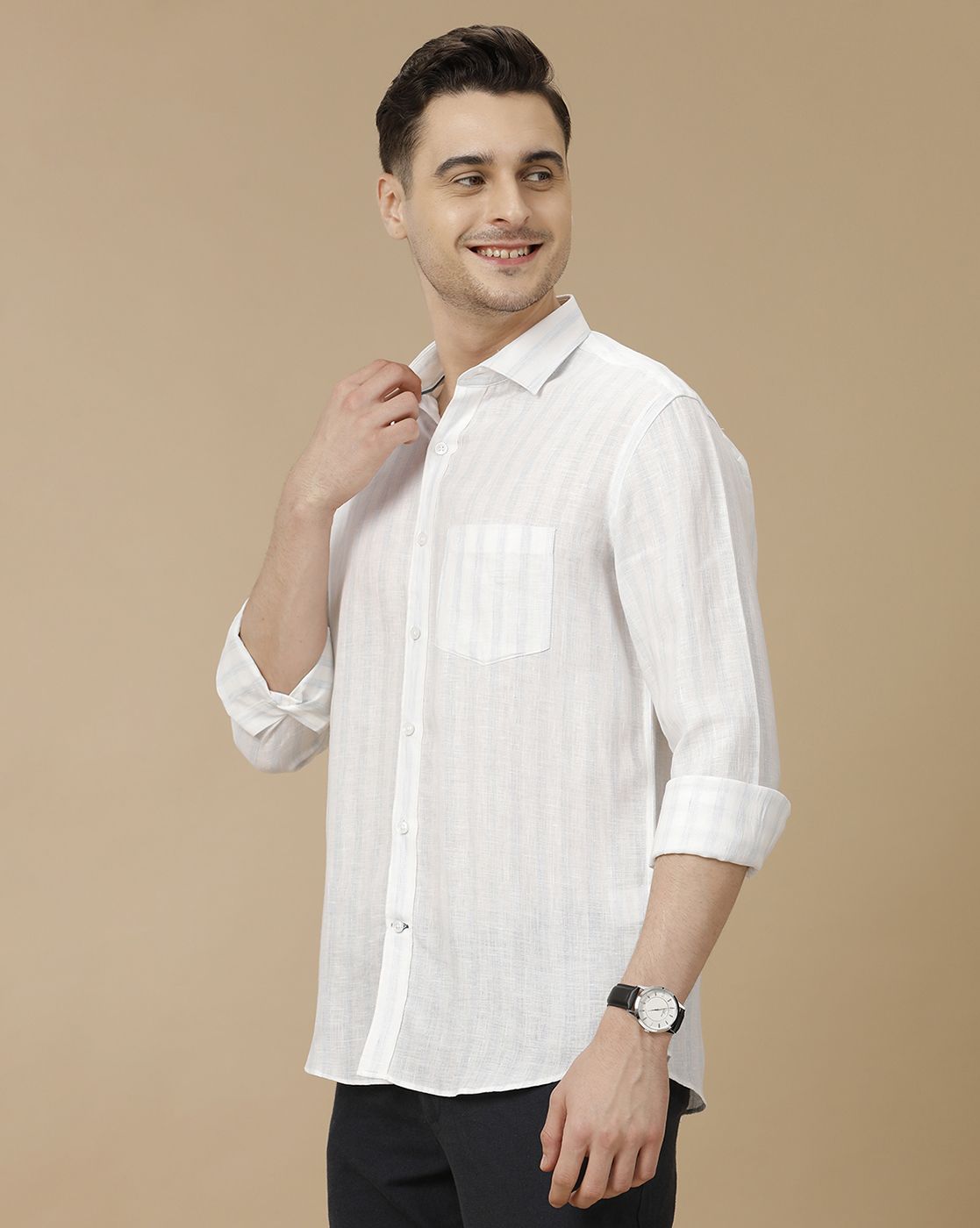 Men's Pure Linen White Striped Contemporary Fit Full Sleeve Casual Shirt