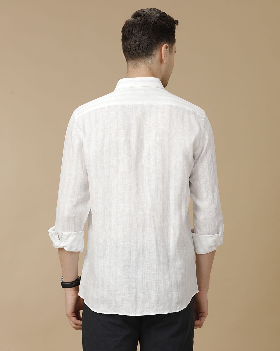 Men's Pure Linen White Striped Contemporary Fit Full Sleeve Casual Shirt