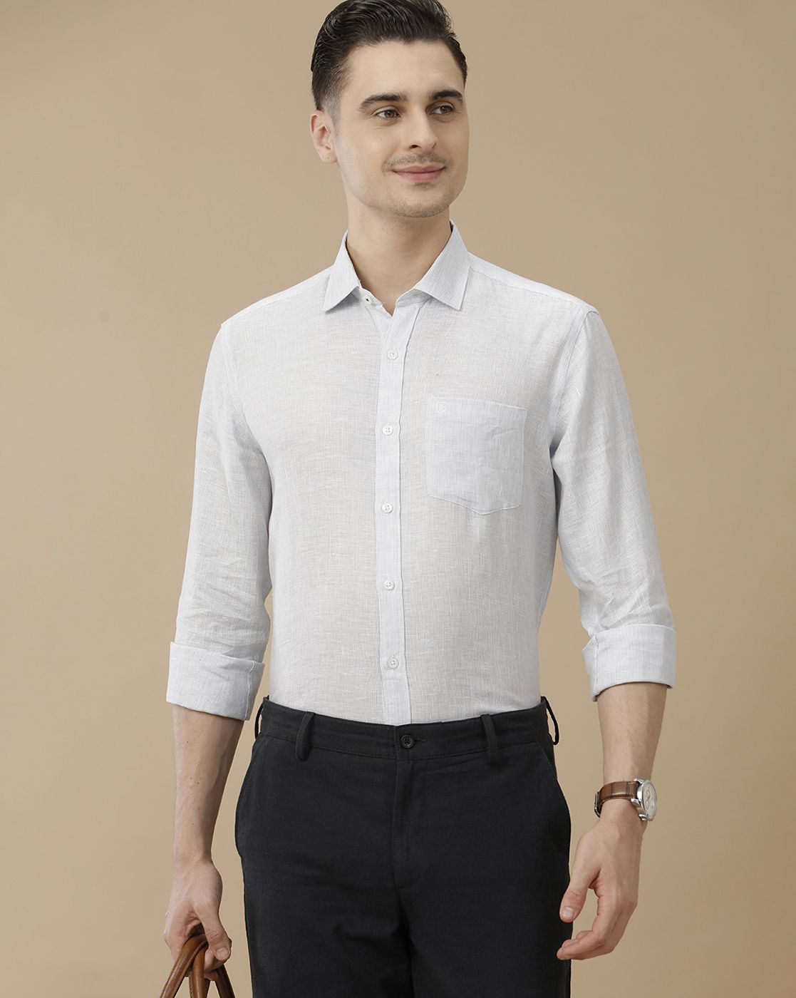 Men's Pure Linen Blue Striped Contemporary Fit Full Sleeve Casual Shirt