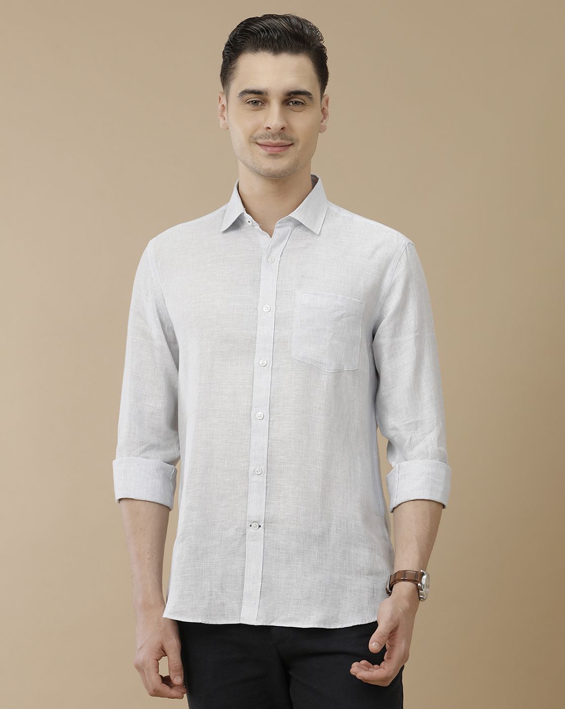 Men's Pure Linen Blue Striped Contemporary Fit Full Sleeve Casual Shirt