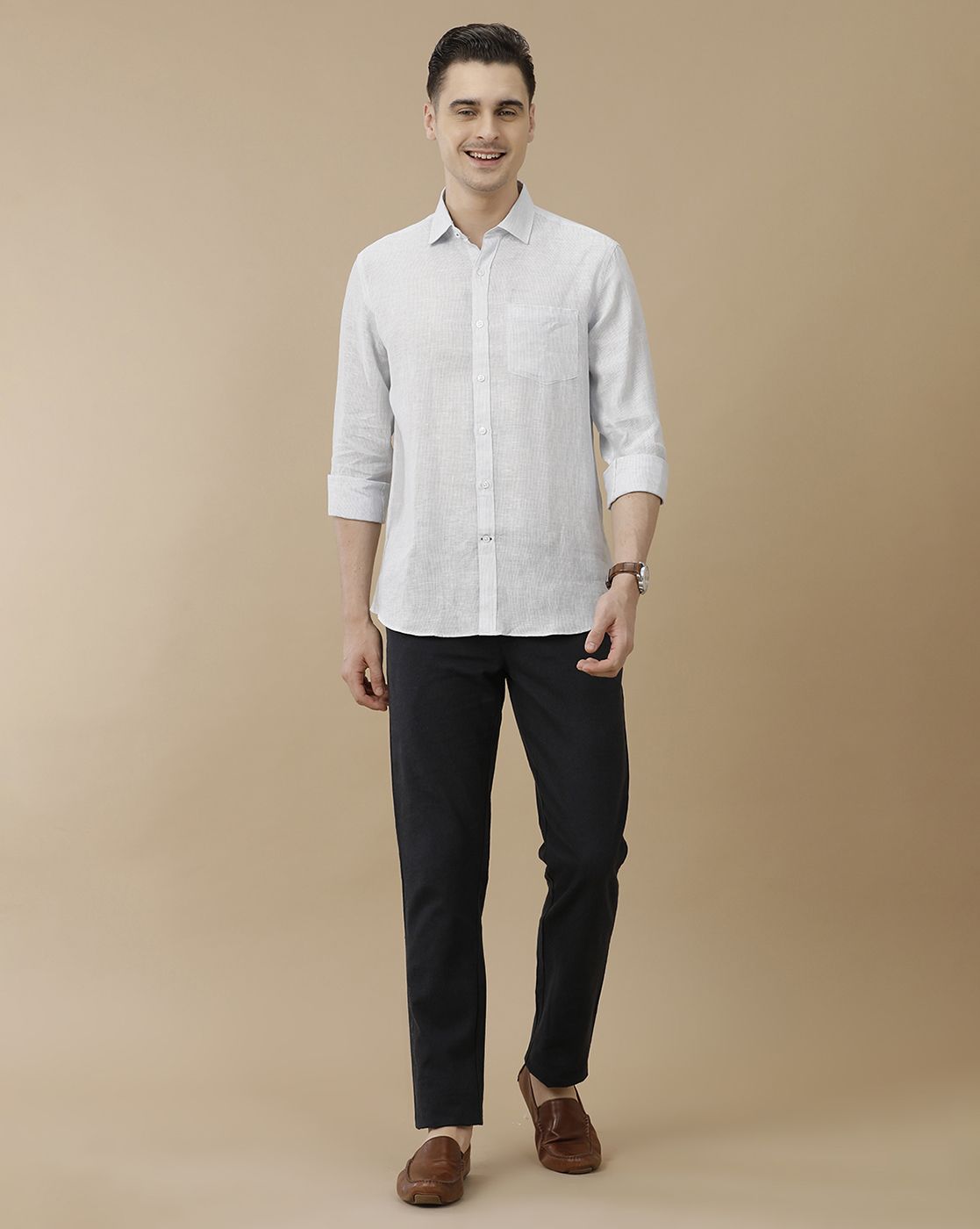 Men's Pure Linen Blue Striped Contemporary Fit Full Sleeve Casual Shirt