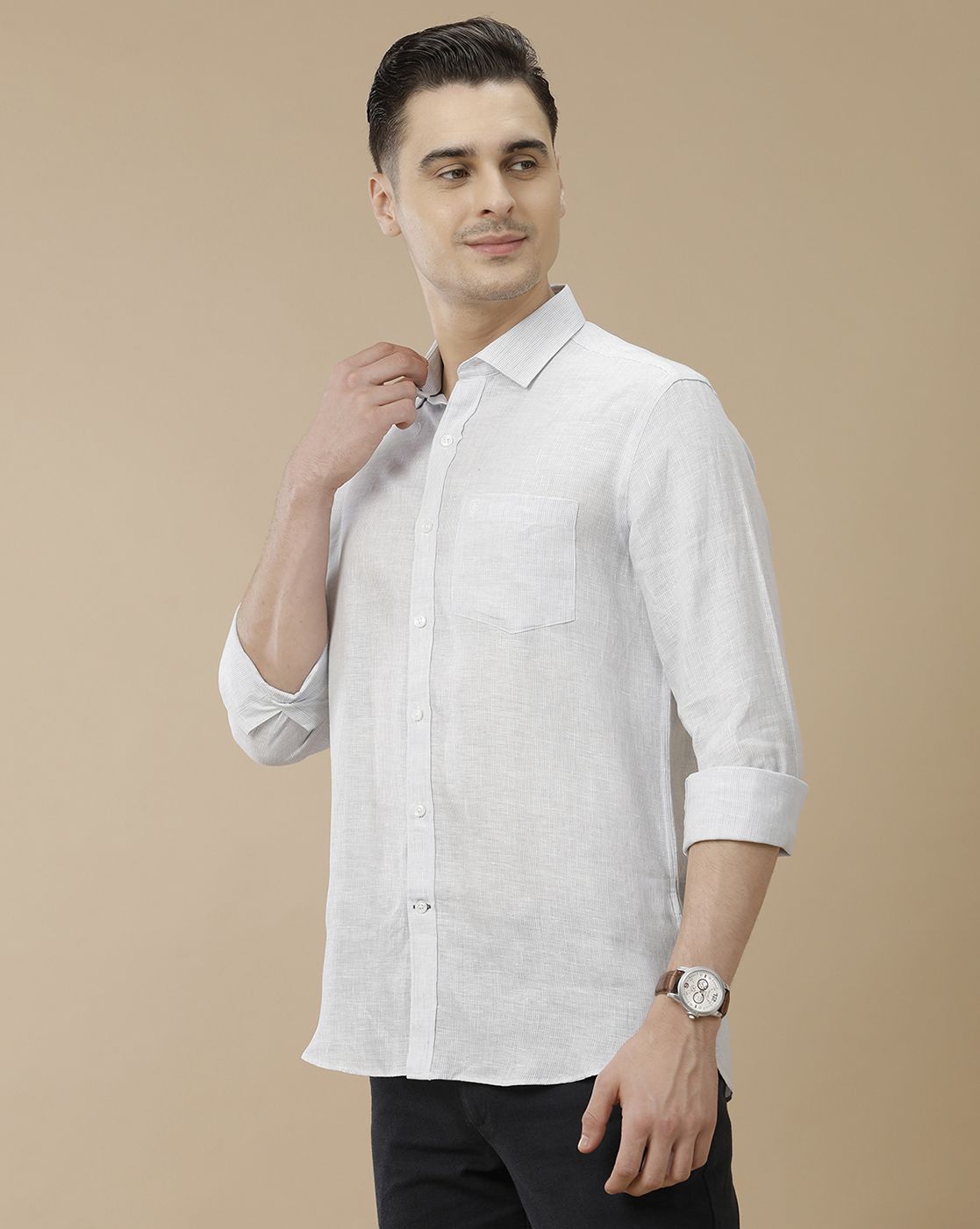 Men's Pure Linen Blue Striped Contemporary Fit Full Sleeve Casual Shirt