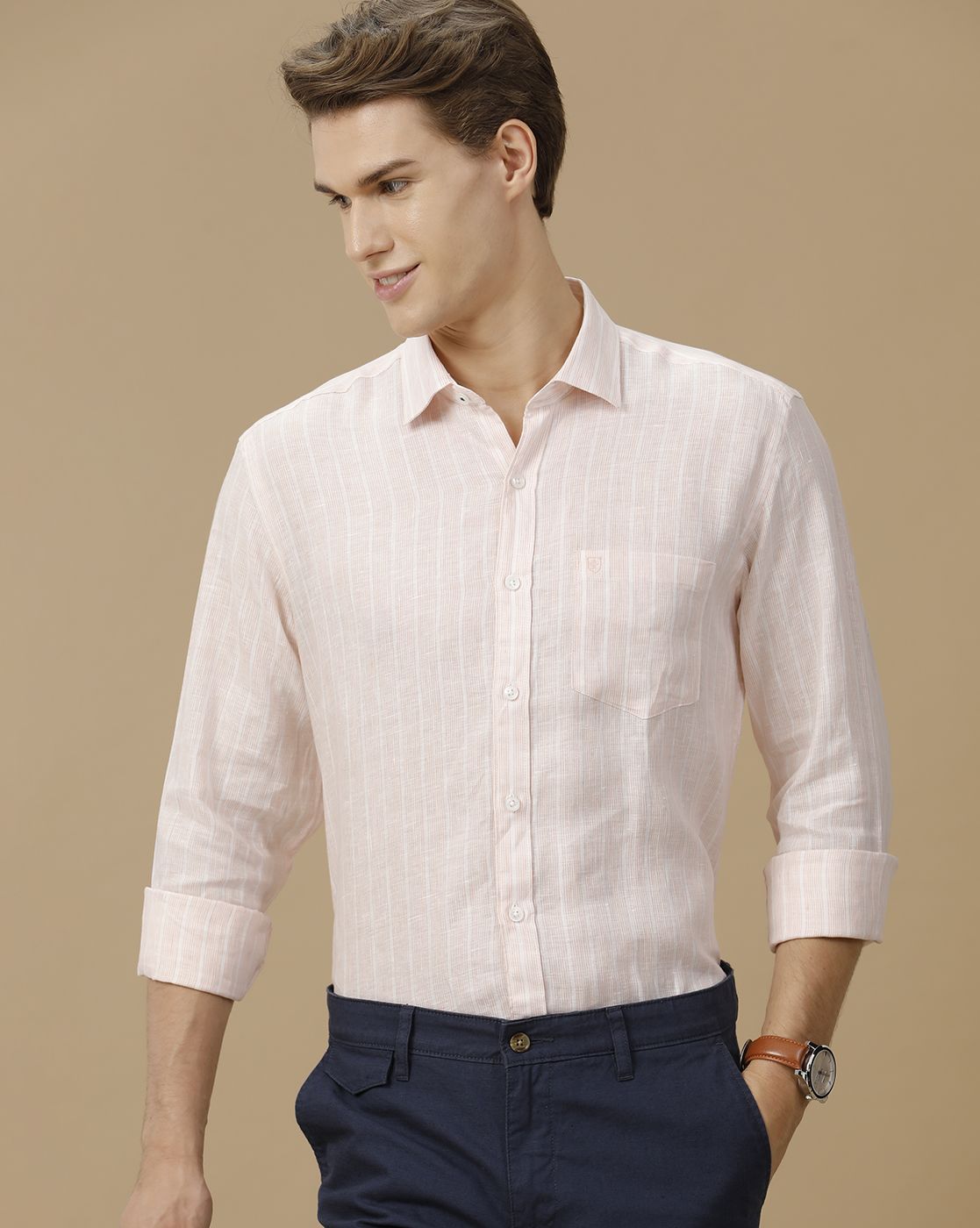 Men's Pure Linen Pink Striped Contemporary Fit Full Sleeve Casual Shirt