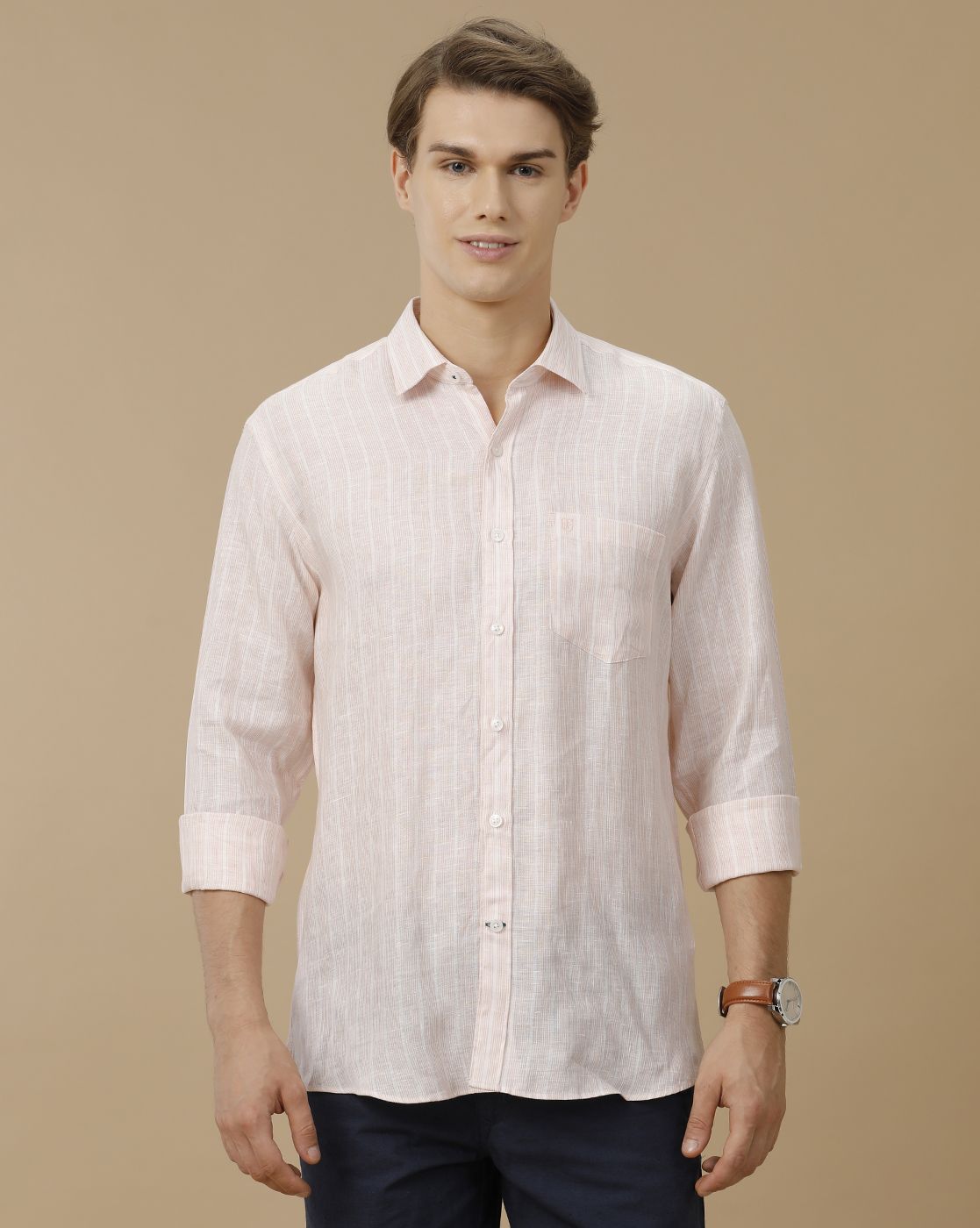 Men's Pure Linen Pink Striped Contemporary Fit Full Sleeve Casual Shirt
