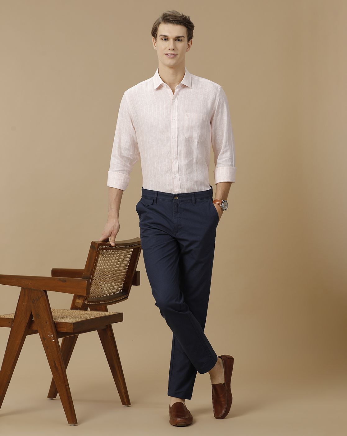 Men's Pure Linen Pink Striped Contemporary Fit Full Sleeve Casual Shirt