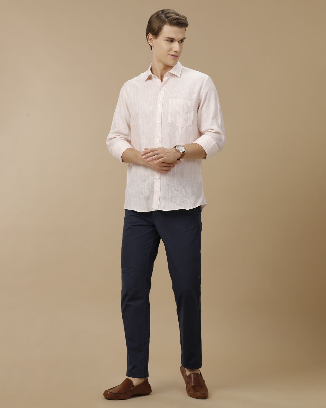 Men's Pure Linen Pink Striped Contemporary Fit Full Sleeve Casual Shirt