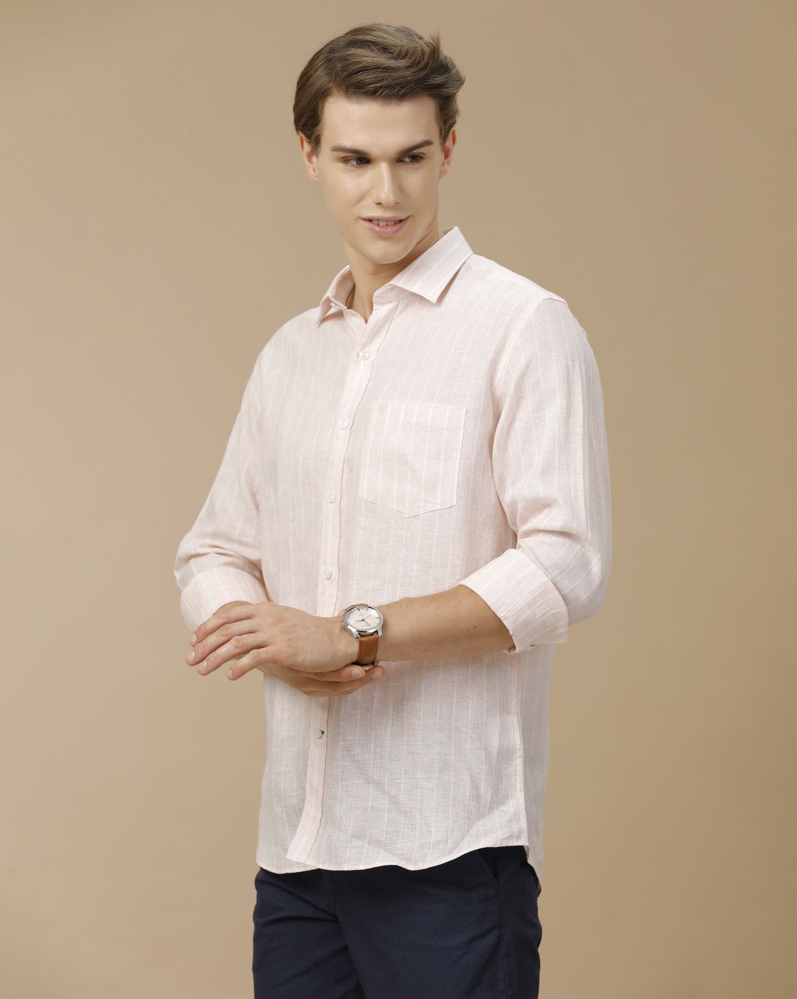 Men's Pure Linen Pink Striped Contemporary Fit Full Sleeve Casual Shirt