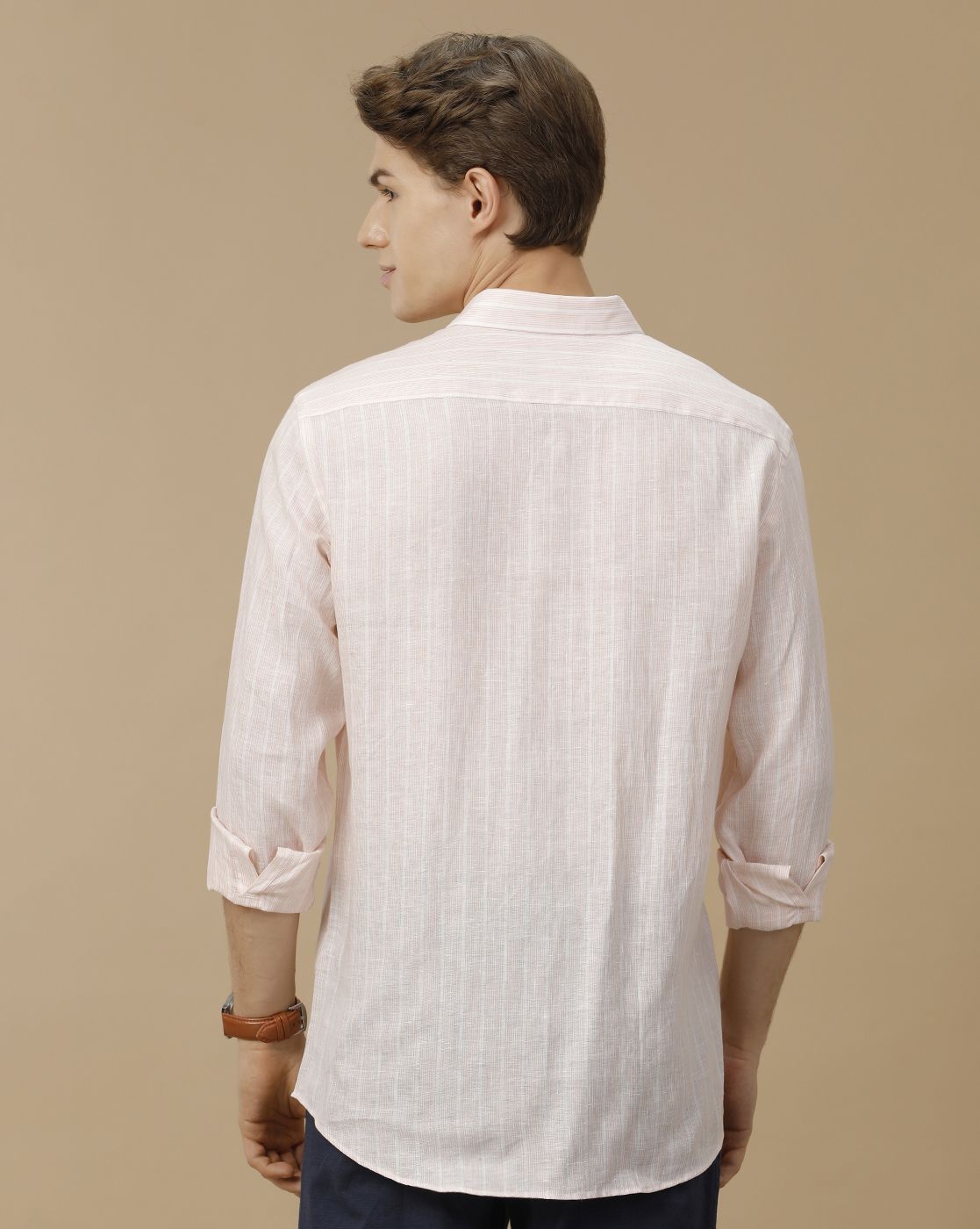 Men's Pure Linen Pink Striped Contemporary Fit Full Sleeve Casual Shirt