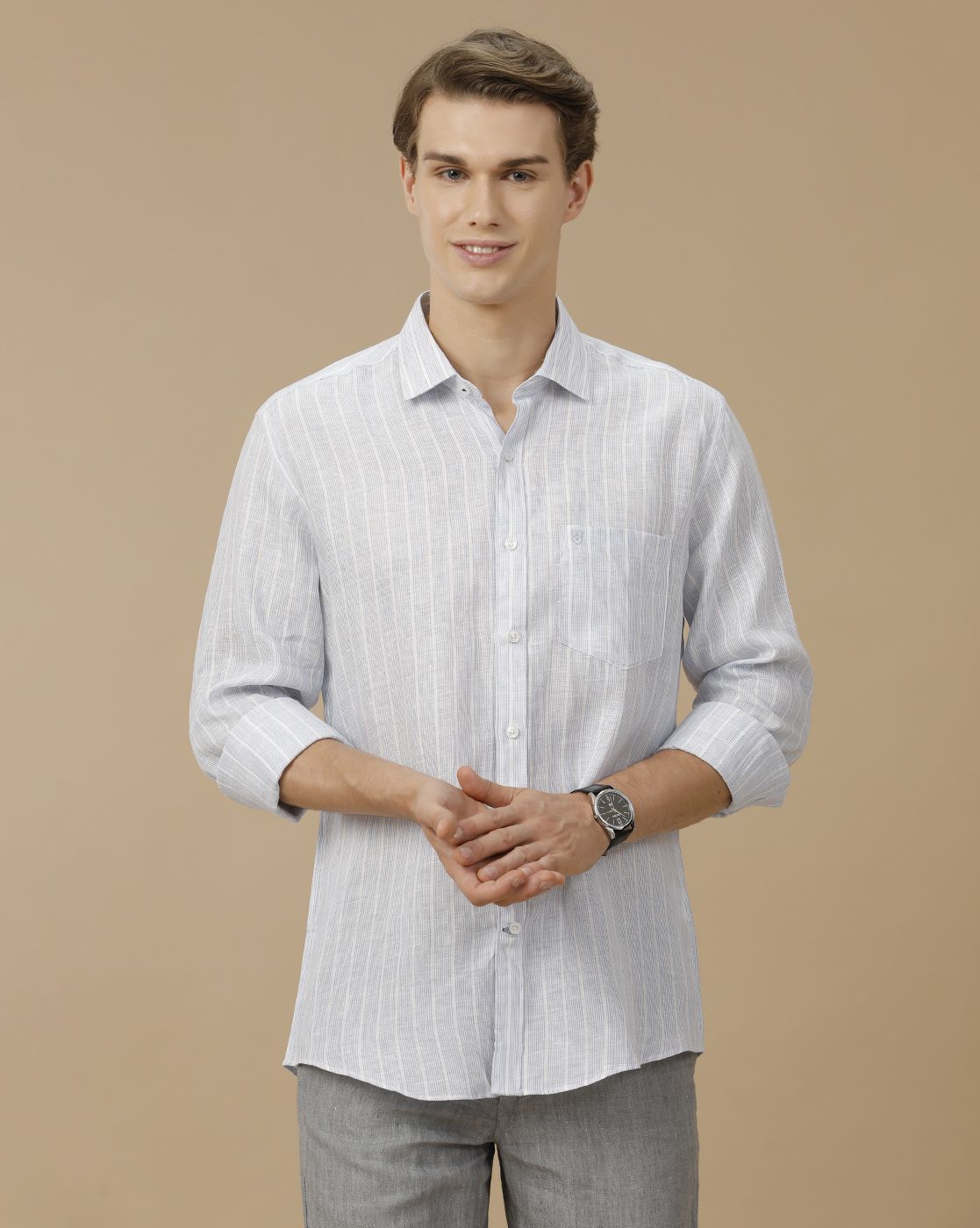 Men's Pure Linen Blue Striped Contemporary Fit Full Sleeve Casual Shirt