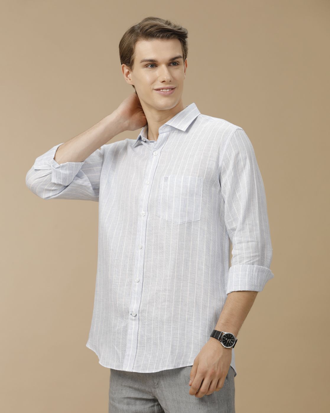 Men's Pure Linen Blue Striped Contemporary Fit Full Sleeve Casual Shirt