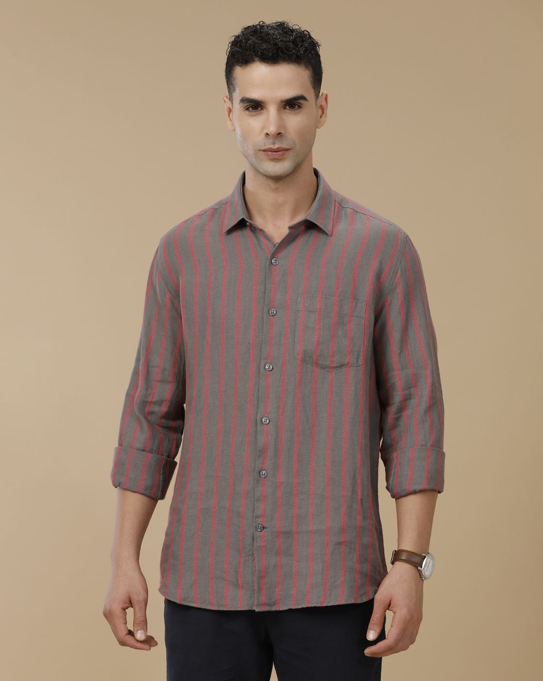 Linen Club Men's Pure Linen Grey Striped Contemporary Fit Full Sleeve Casual Shirt