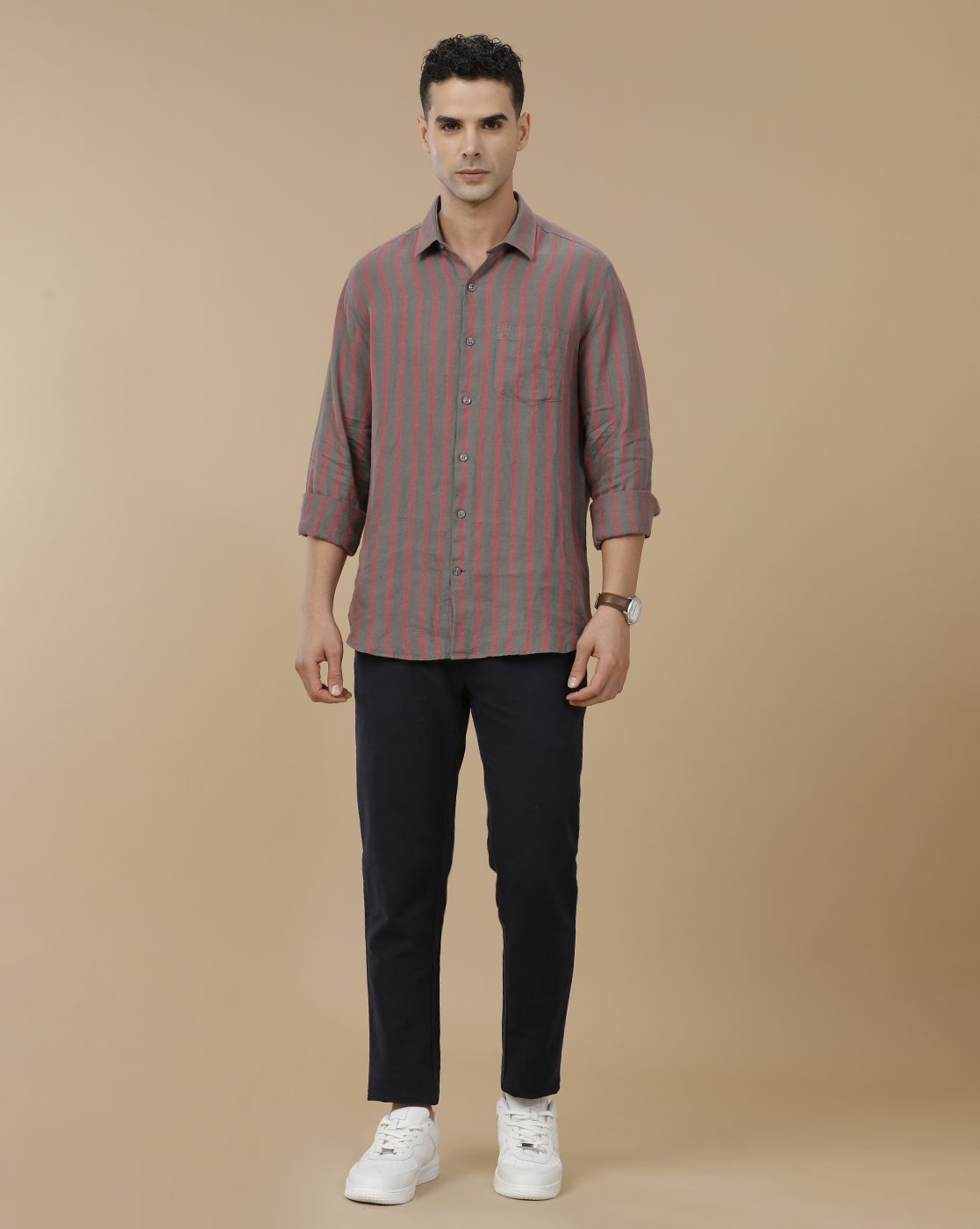 Linen Club Men's Pure Linen Grey Striped Contemporary Fit Full Sleeve Casual Shirt