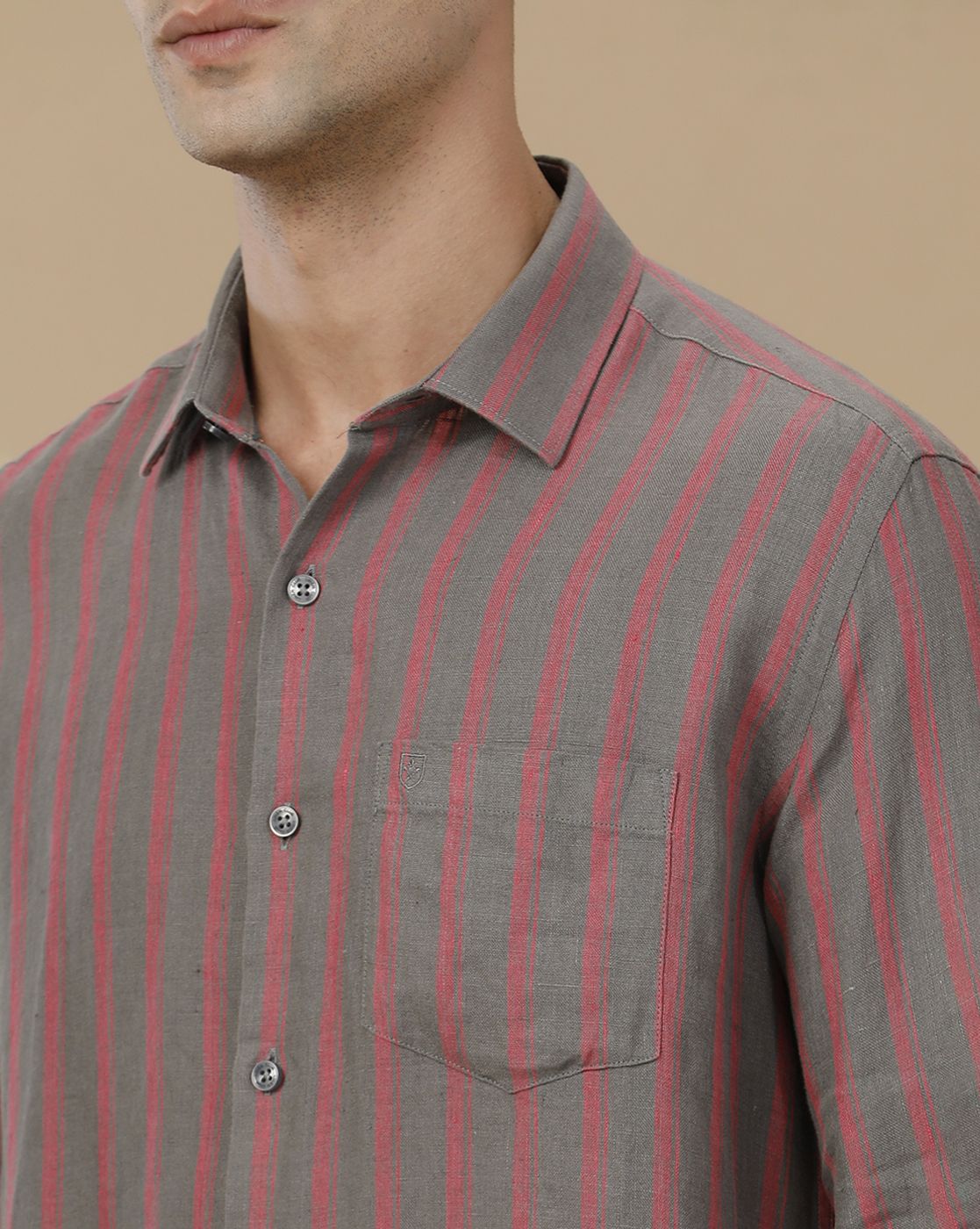 Linen Club Men's Pure Linen Grey Striped Contemporary Fit Full Sleeve Casual Shirt