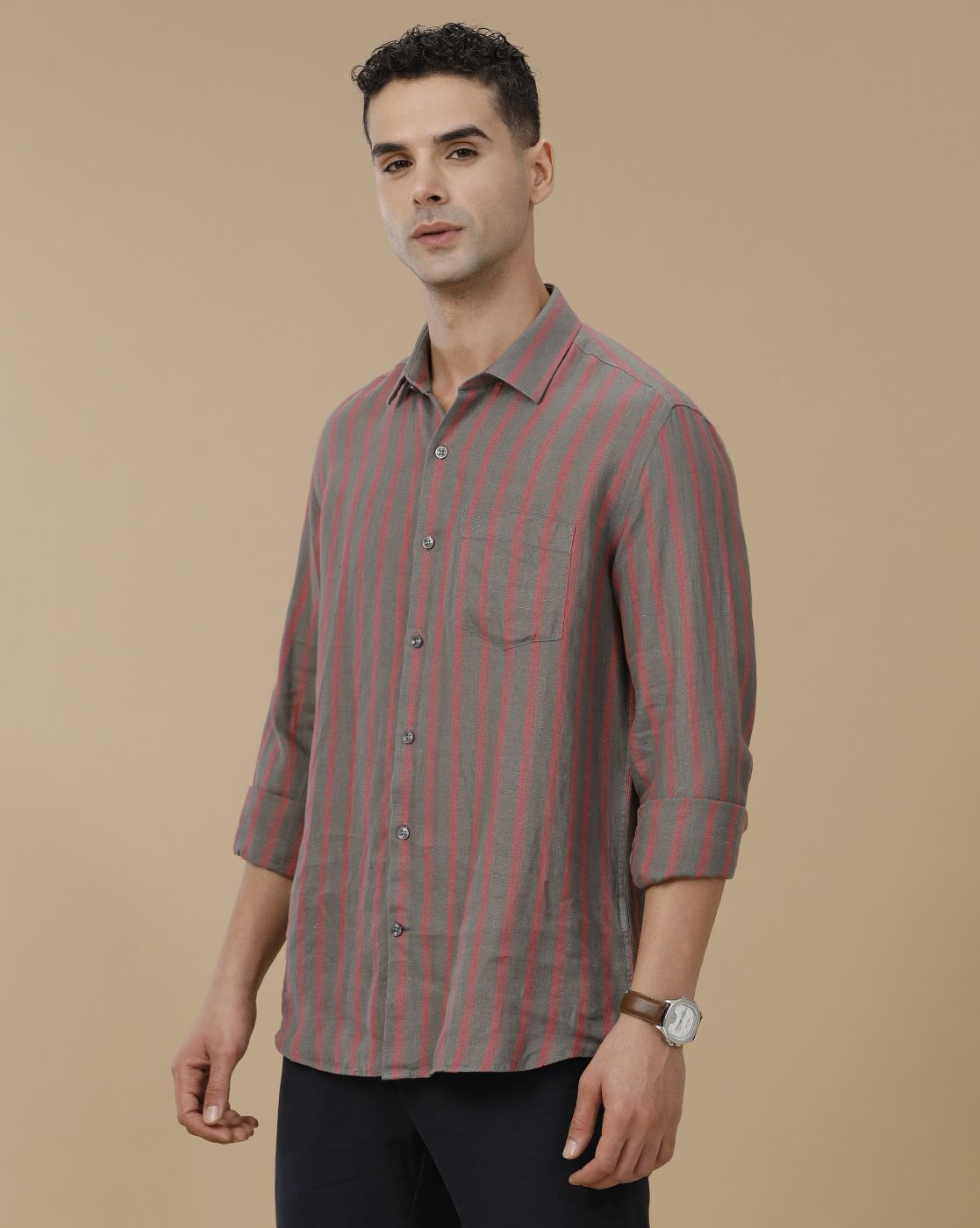 Linen Club Men's Pure Linen Grey Striped Contemporary Fit Full Sleeve Casual Shirt