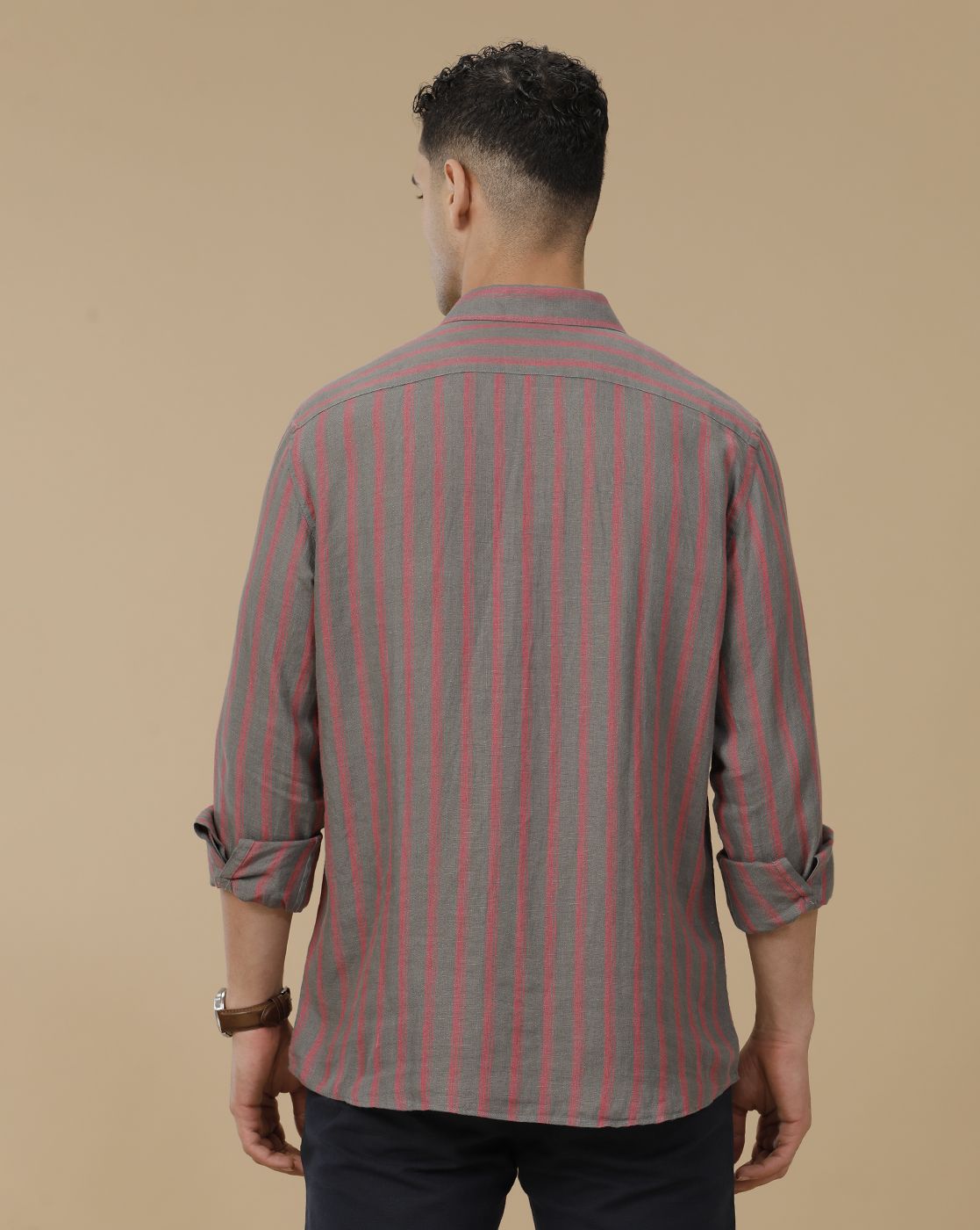Linen Club Men's Pure Linen Grey Striped Contemporary Fit Full Sleeve Casual Shirt