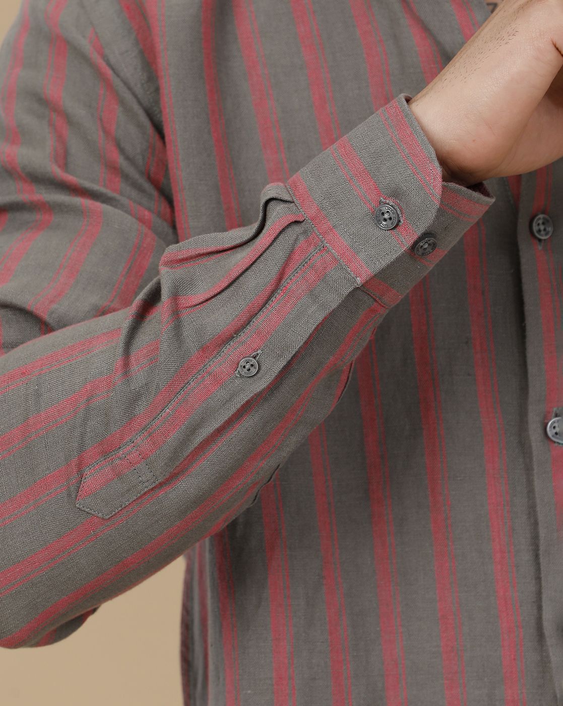 Linen Club Men's Pure Linen Grey Striped Contemporary Fit Full Sleeve Casual Shirt