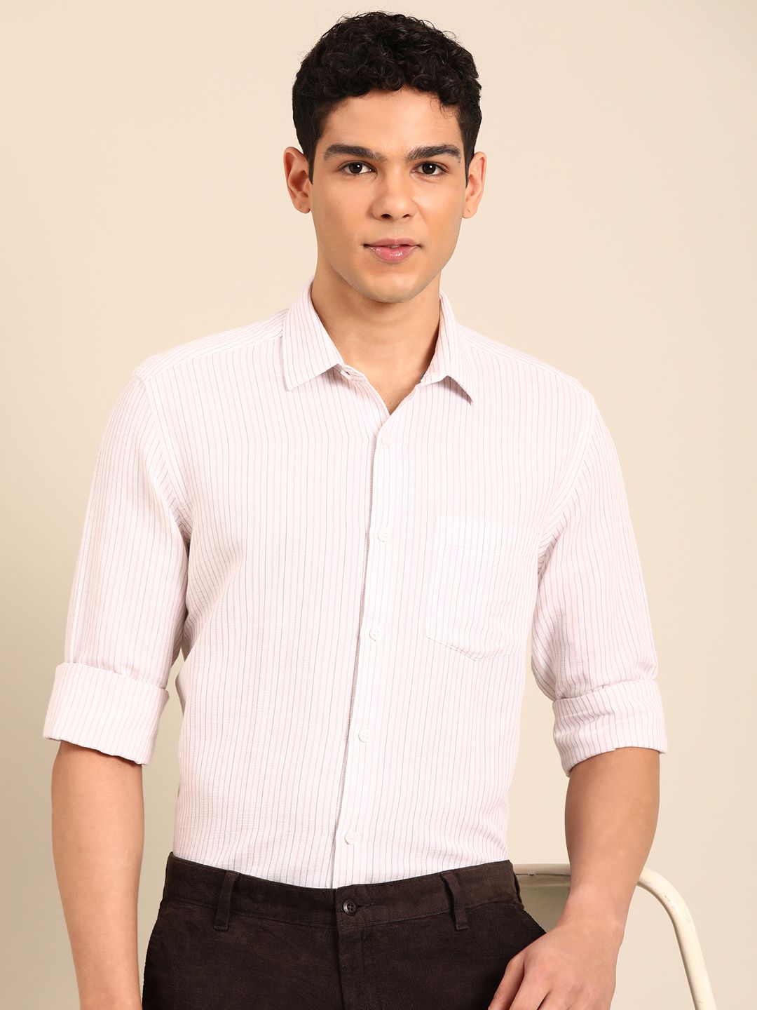 Linen Club Men's Linen Rich Pink Striped Contemporary Fit Full Sleeve Casual Shirt