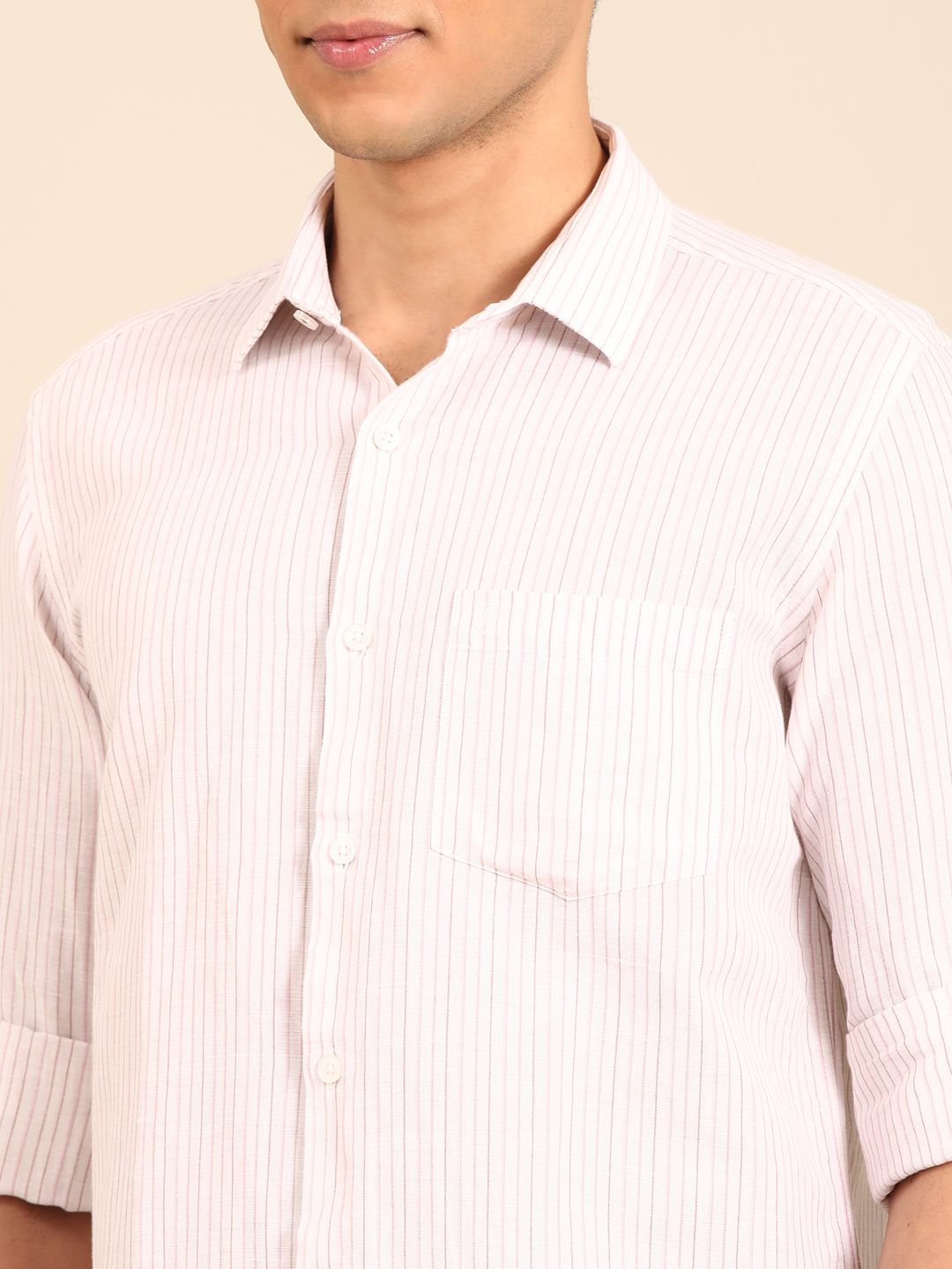 Linen Club Men's Linen Rich Pink Striped Contemporary Fit Full Sleeve Casual Shirt