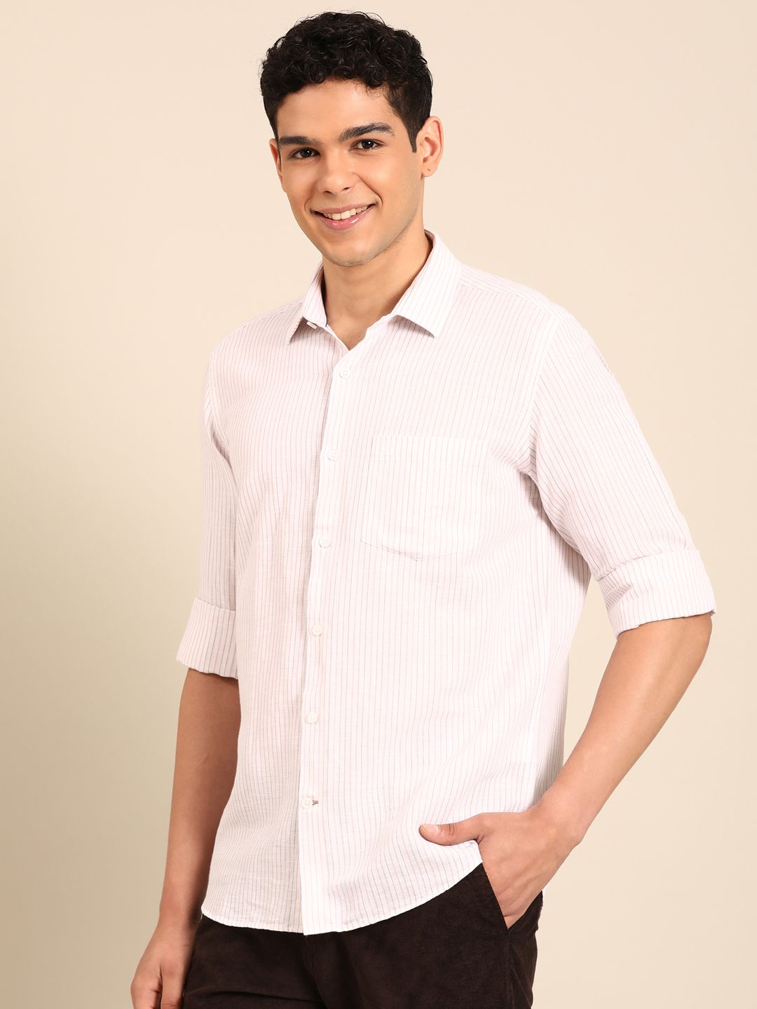 Linen Club Men's Linen Rich Pink Striped Contemporary Fit Full Sleeve Casual Shirt