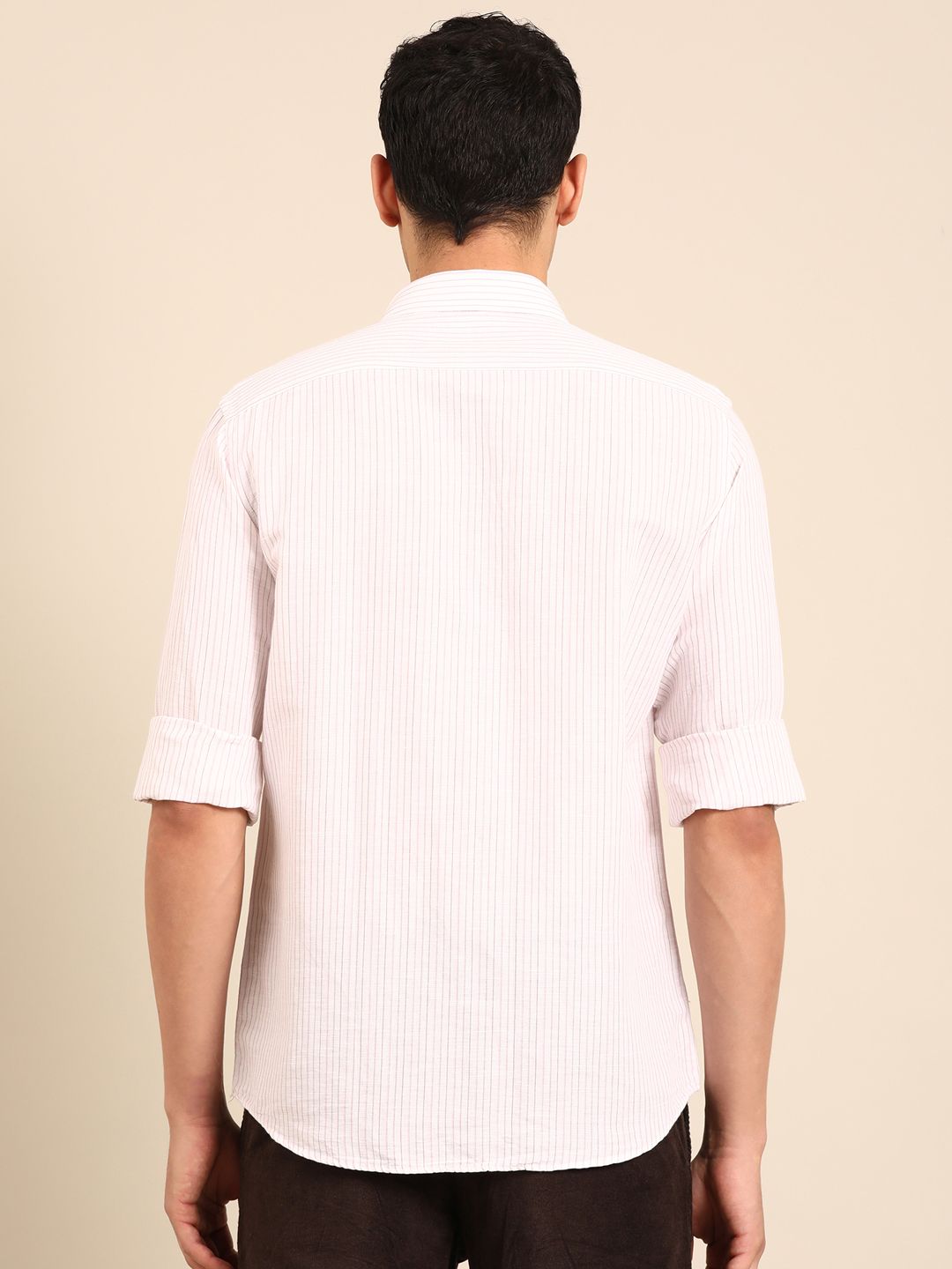 Linen Club Men's Linen Rich Pink Striped Contemporary Fit Full Sleeve Casual Shirt