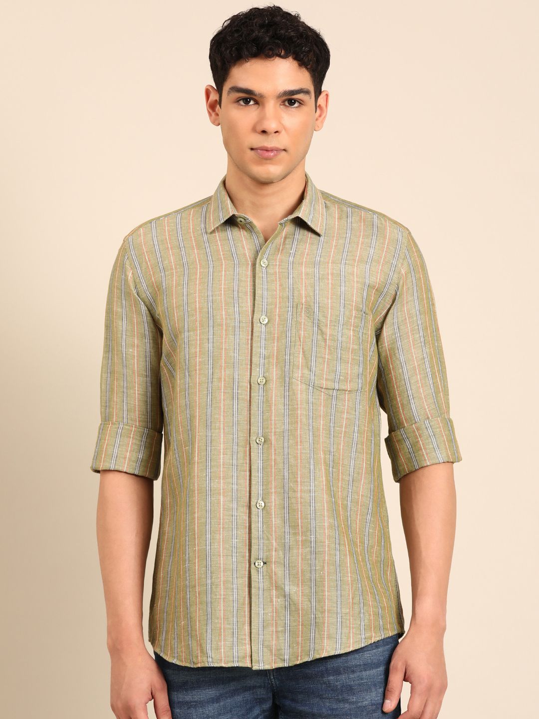 Linen Club Men's Linen Rich Olive Striped Contemporary Fit Full Sleeve Casual Shirt