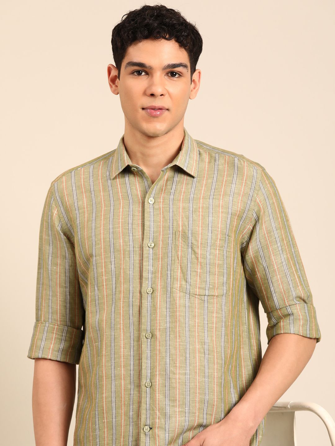 Linen Club Men's Linen Rich Olive Striped Contemporary Fit Full Sleeve Casual Shirt