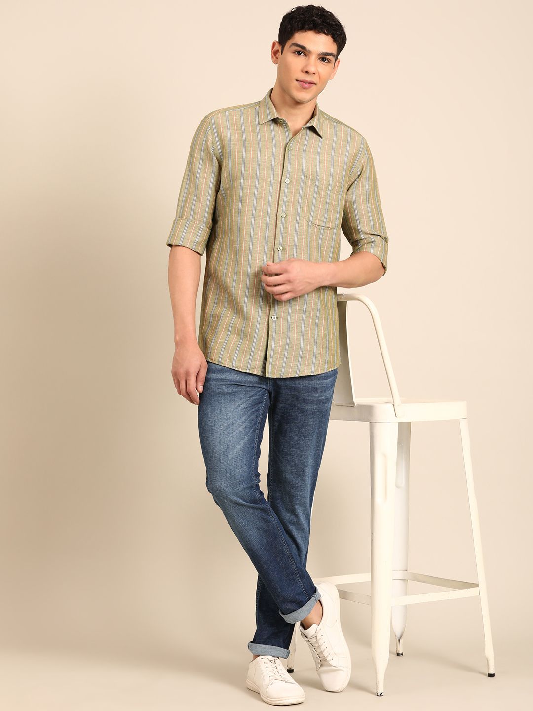 Linen Club Men's Linen Rich Olive Striped Contemporary Fit Full Sleeve Casual Shirt