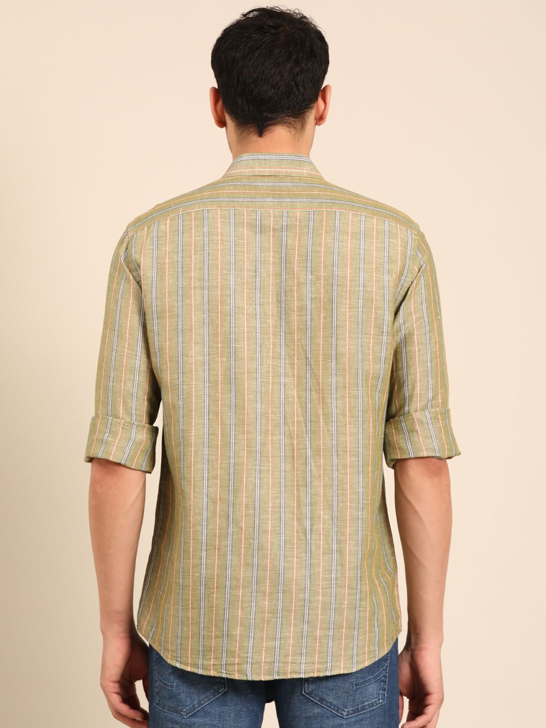 Linen Club Men's Linen Rich Olive Striped Contemporary Fit Full Sleeve Casual Shirt
