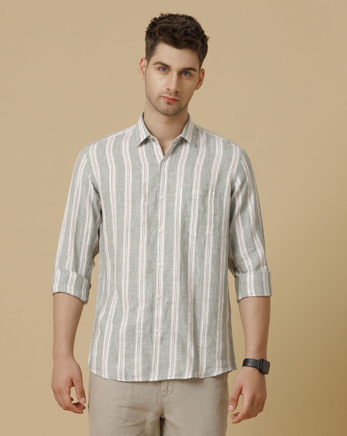 Men's Pure Linen Green Striped Contemporary Fit Full Sleeve Sleeve Casual Shirt
