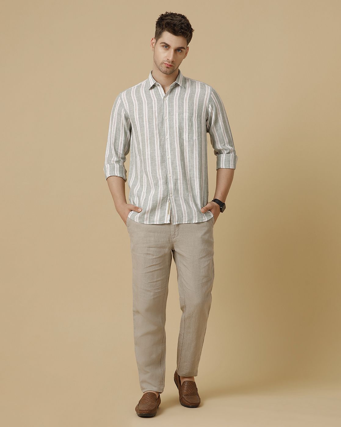 Men's Pure Linen Green Striped Contemporary Fit Full Sleeve Sleeve Casual Shirt